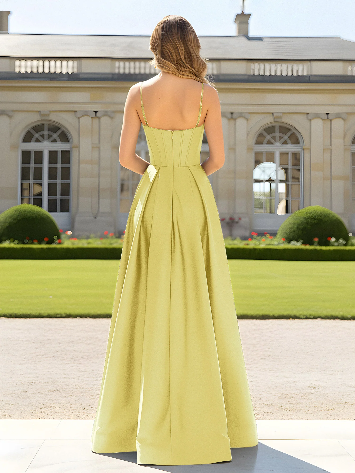 A-Line Spaghetti Straps Cowl Neck Satin Dress Daffodil - Image 2