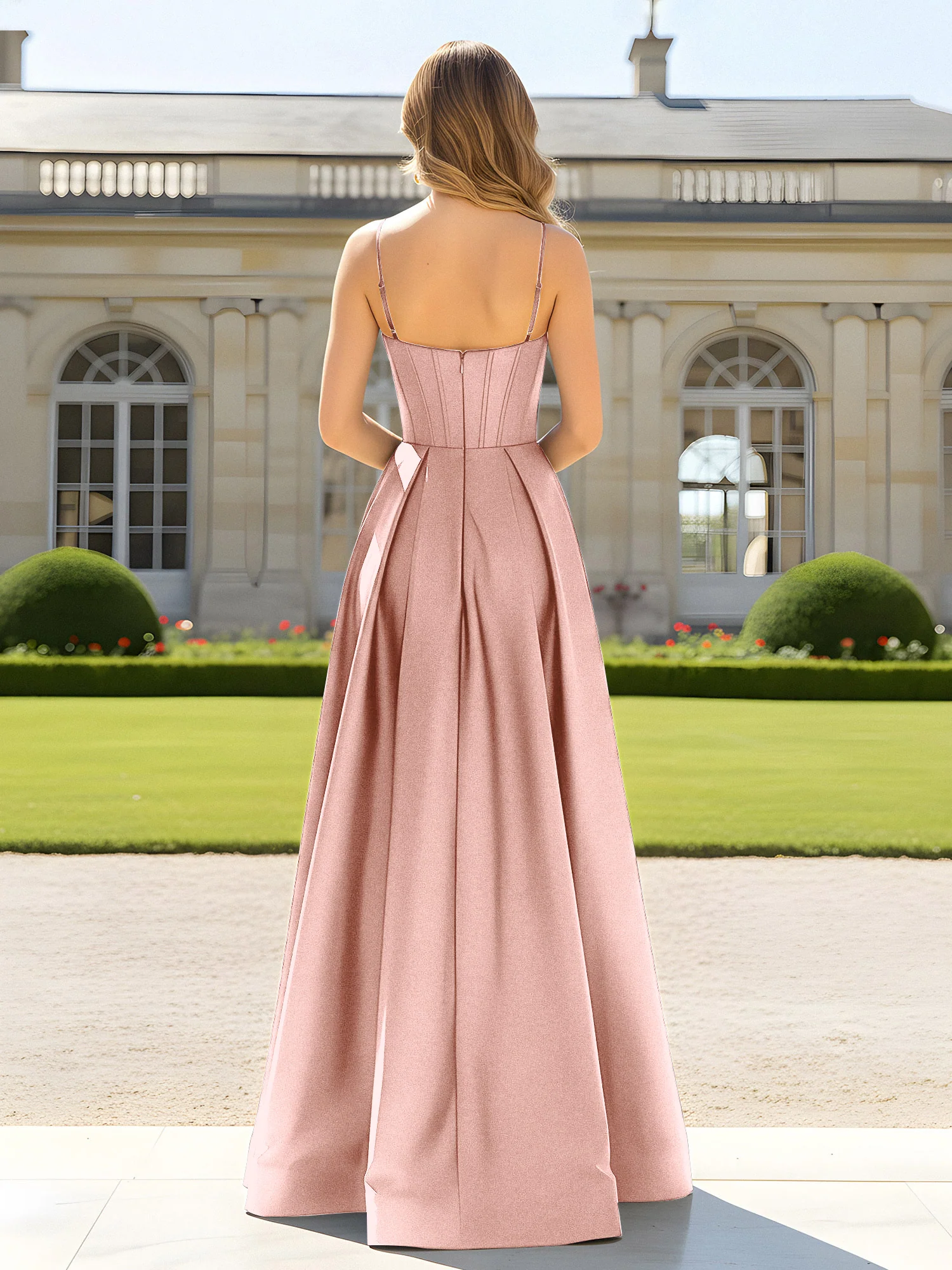 A-Line Spaghetti Straps Cowl Neck Satin Dress Dusty Rose - Image 2