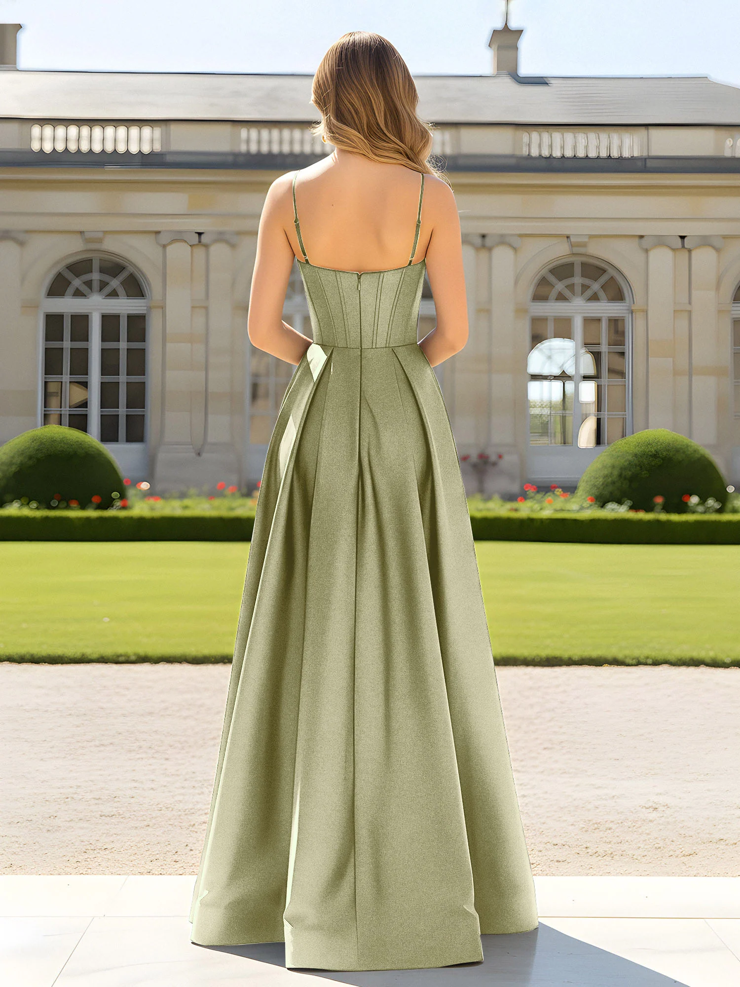 A-Line Spaghetti Straps Cowl Neck Satin Dress Dusty Sage - Image 2