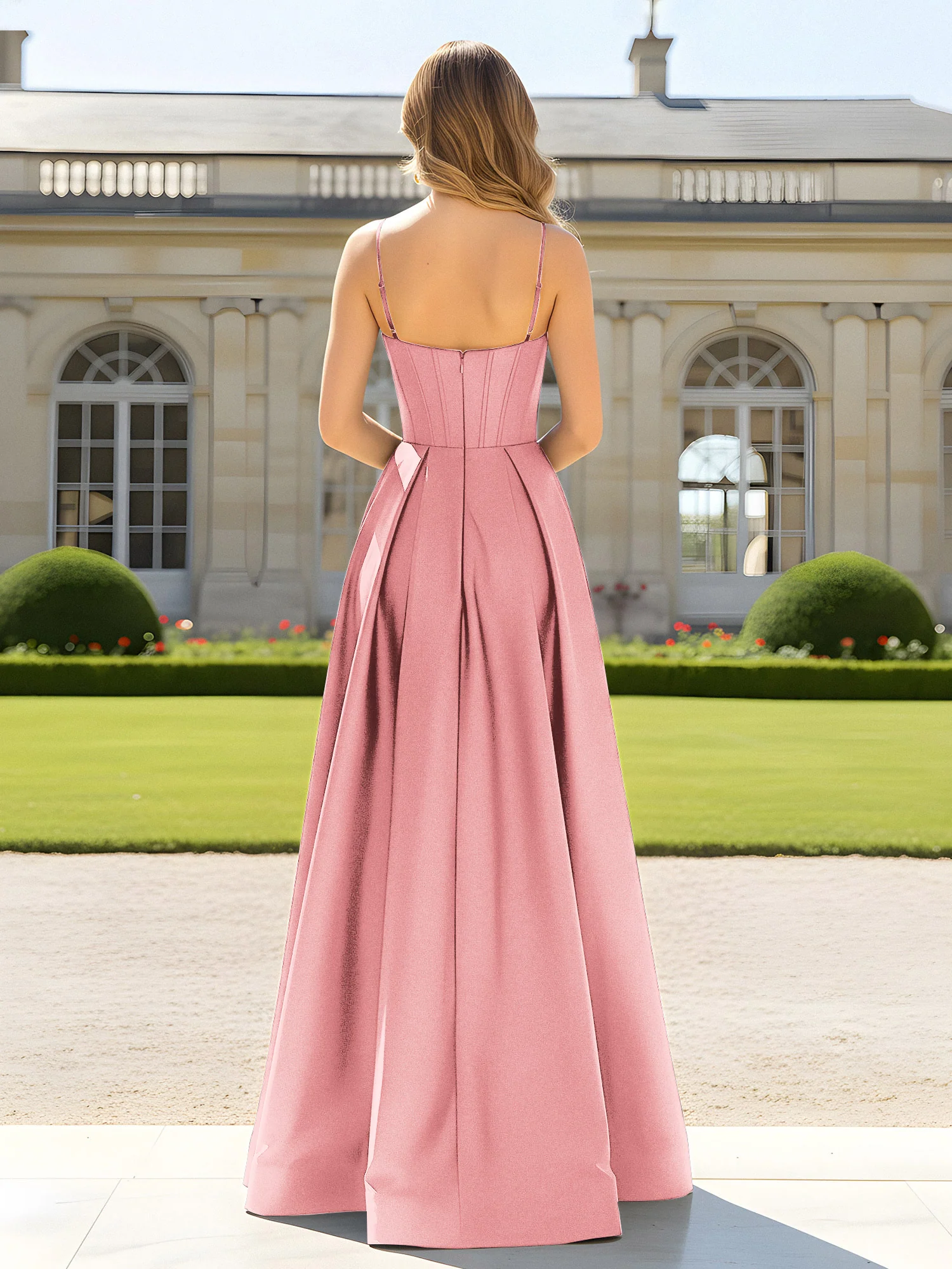 A-Line Spaghetti Straps Cowl Neck Satin Dress Flamingo - Image 2