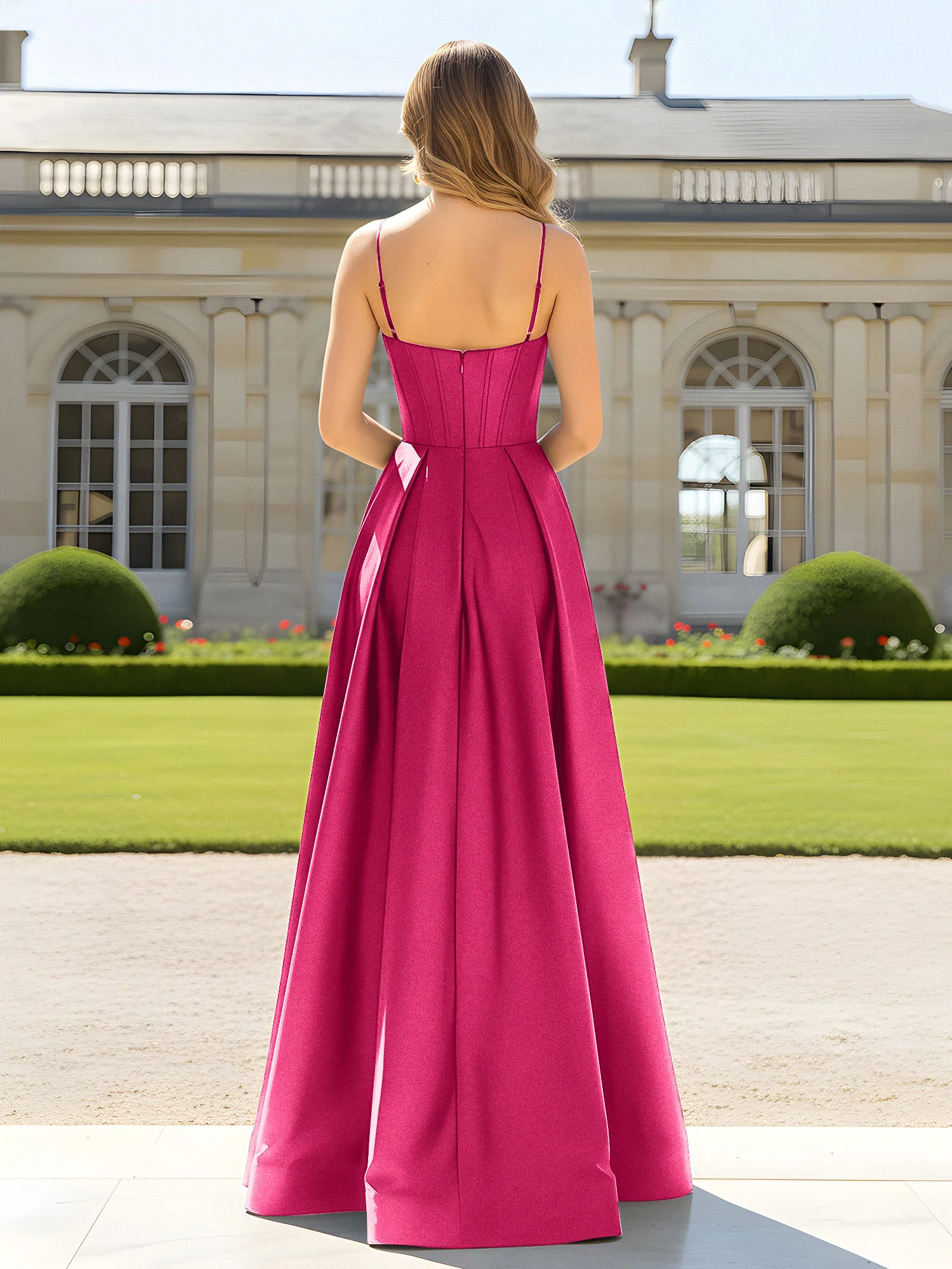 A-Line Spaghetti Straps Cowl Neck Satin Dress Fuchsia - Image 2