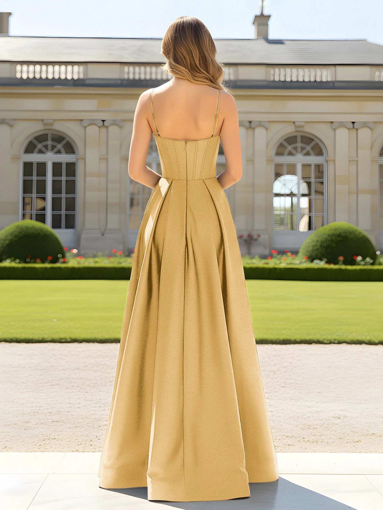 A-Line Spaghetti Straps Cowl Neck Satin Dress Gold - Image 2