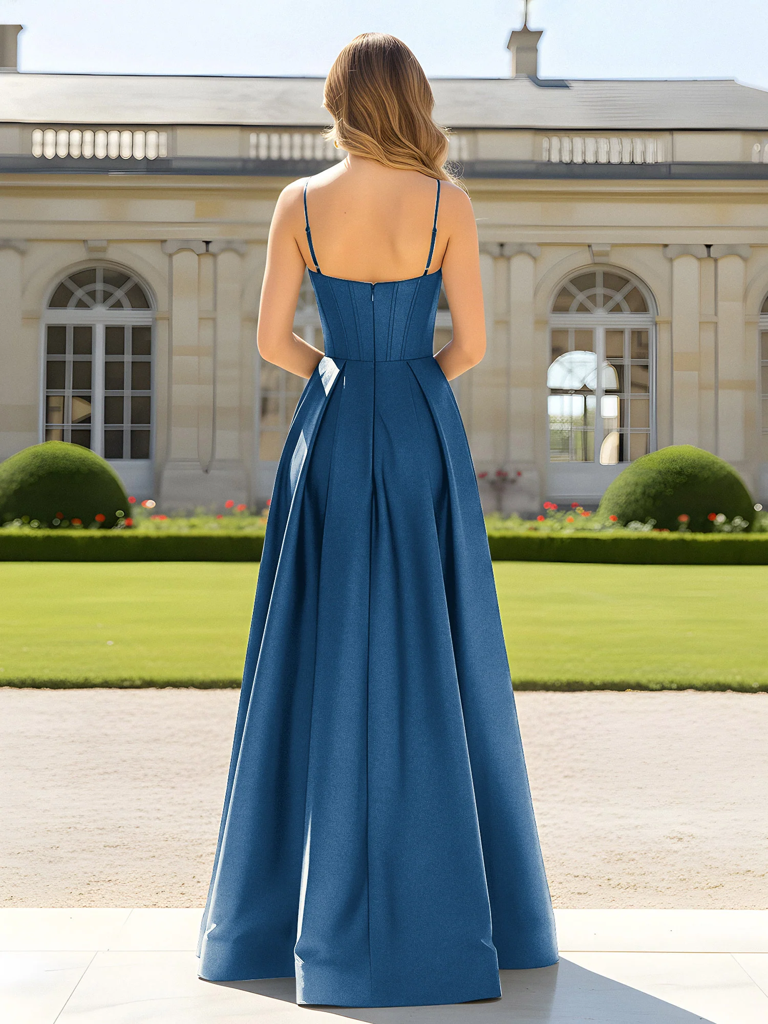 A-Line Spaghetti Straps Cowl Neck Satin Dress Ink Blue - Image 2