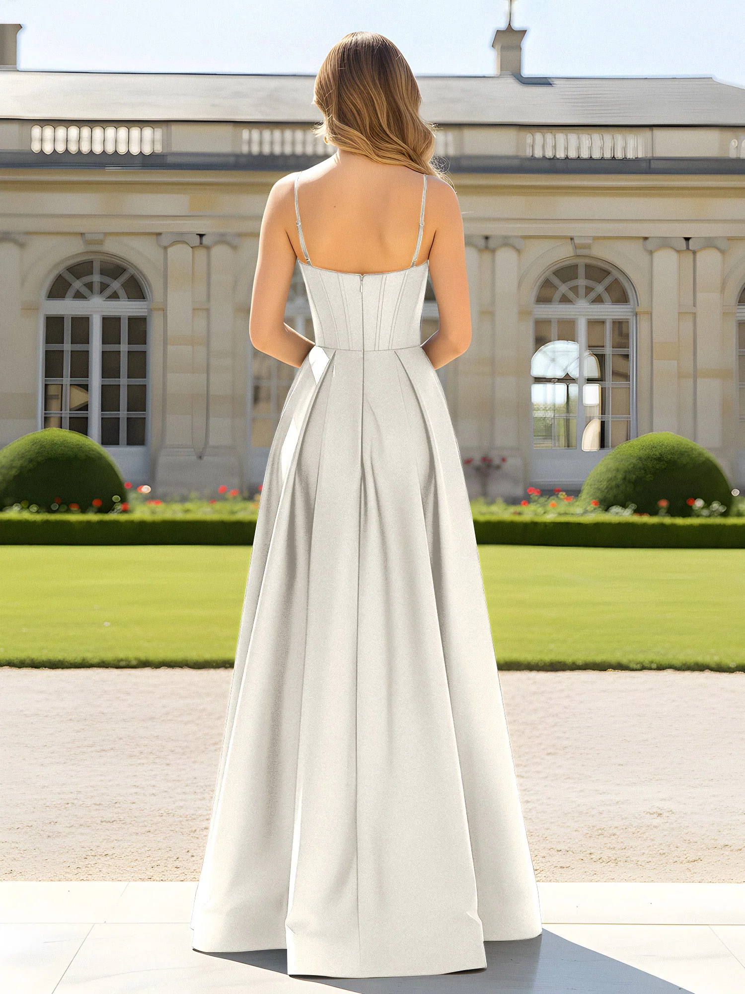 A-Line Spaghetti Straps Cowl Neck Satin Dress Ivory - Image 2