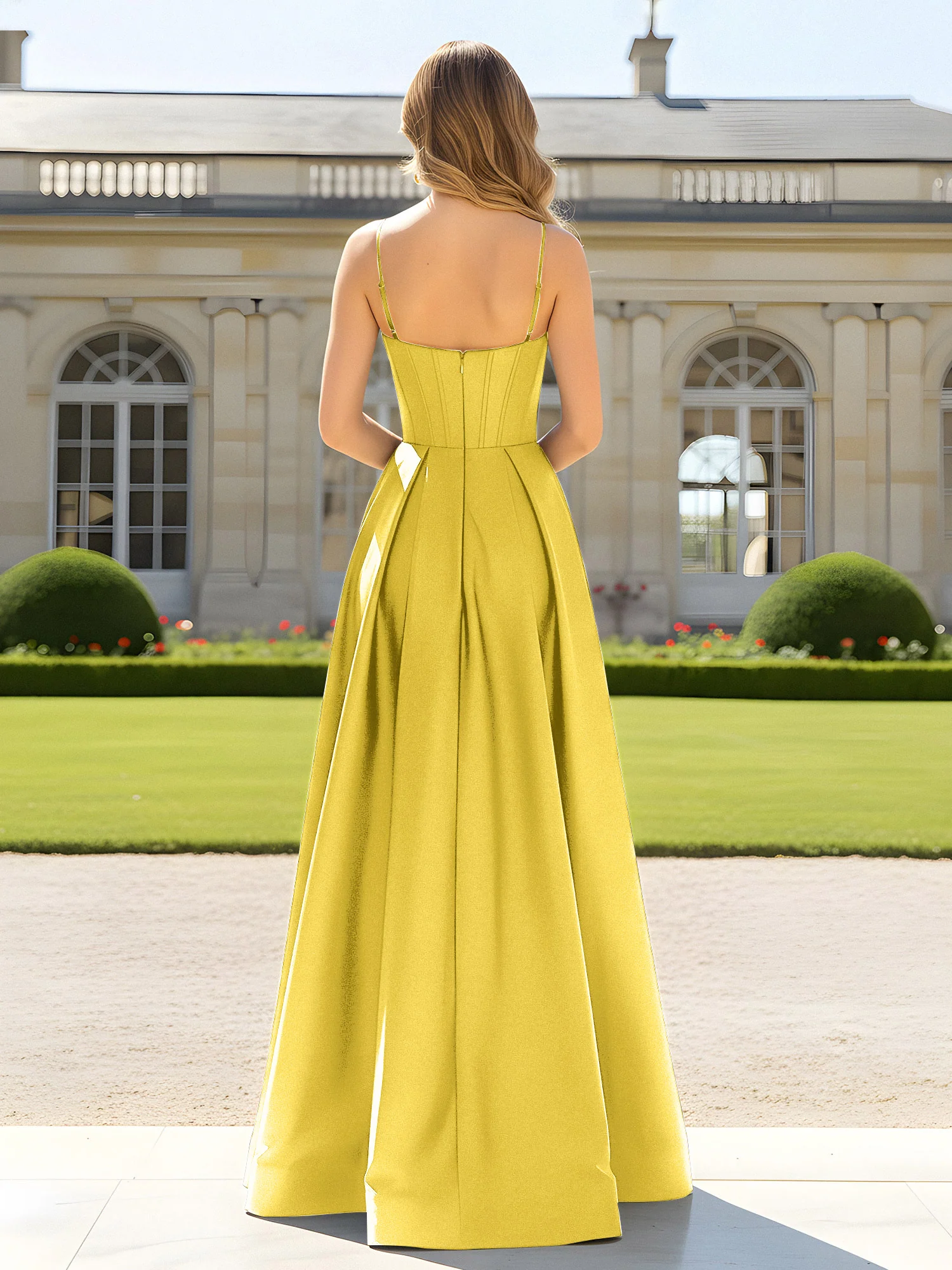 A-Line Spaghetti Straps Cowl Neck Satin Dress Marigold - Image 2
