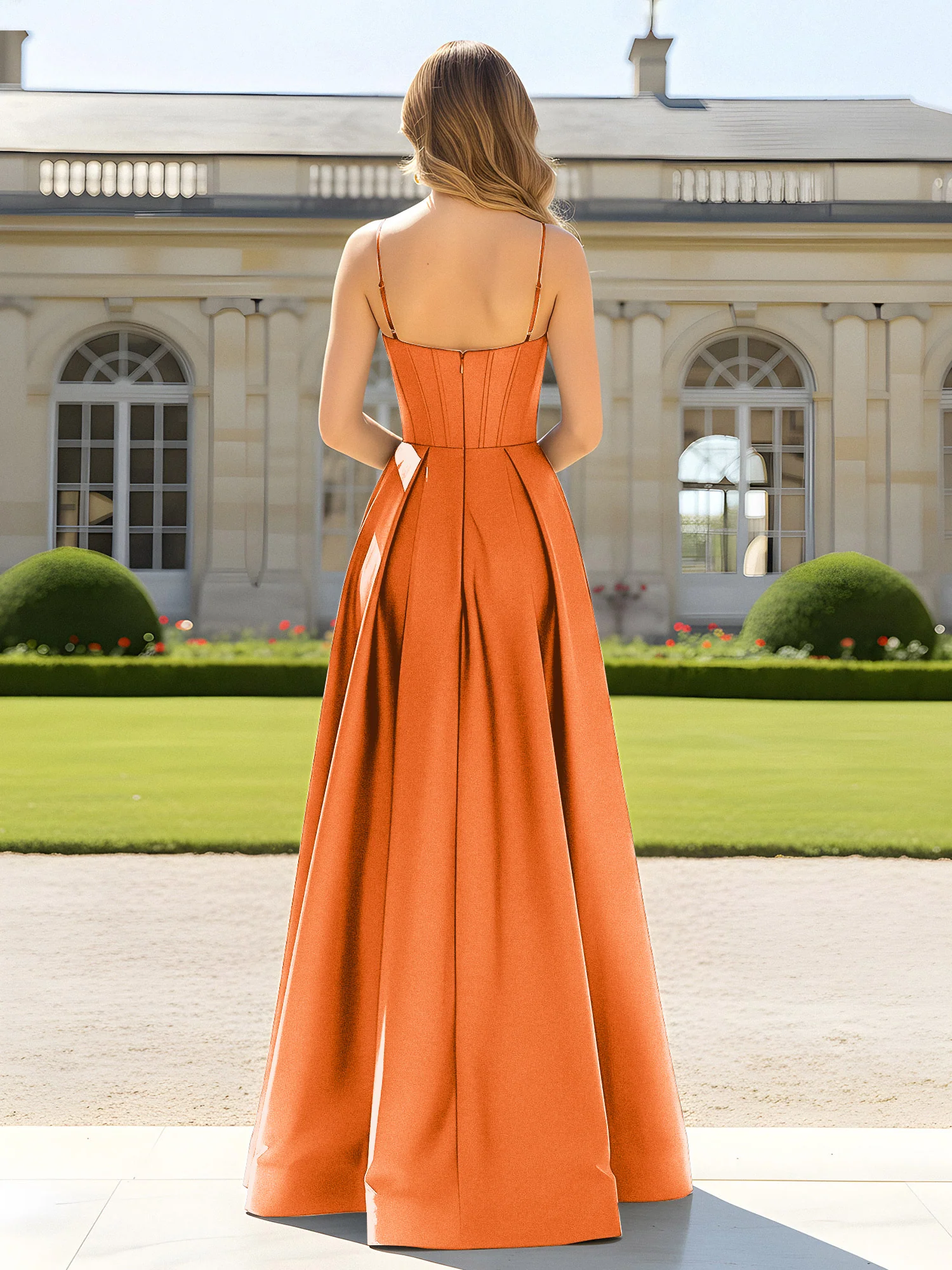 A-Line Spaghetti Straps Cowl Neck Satin Dress Orange - Image 2