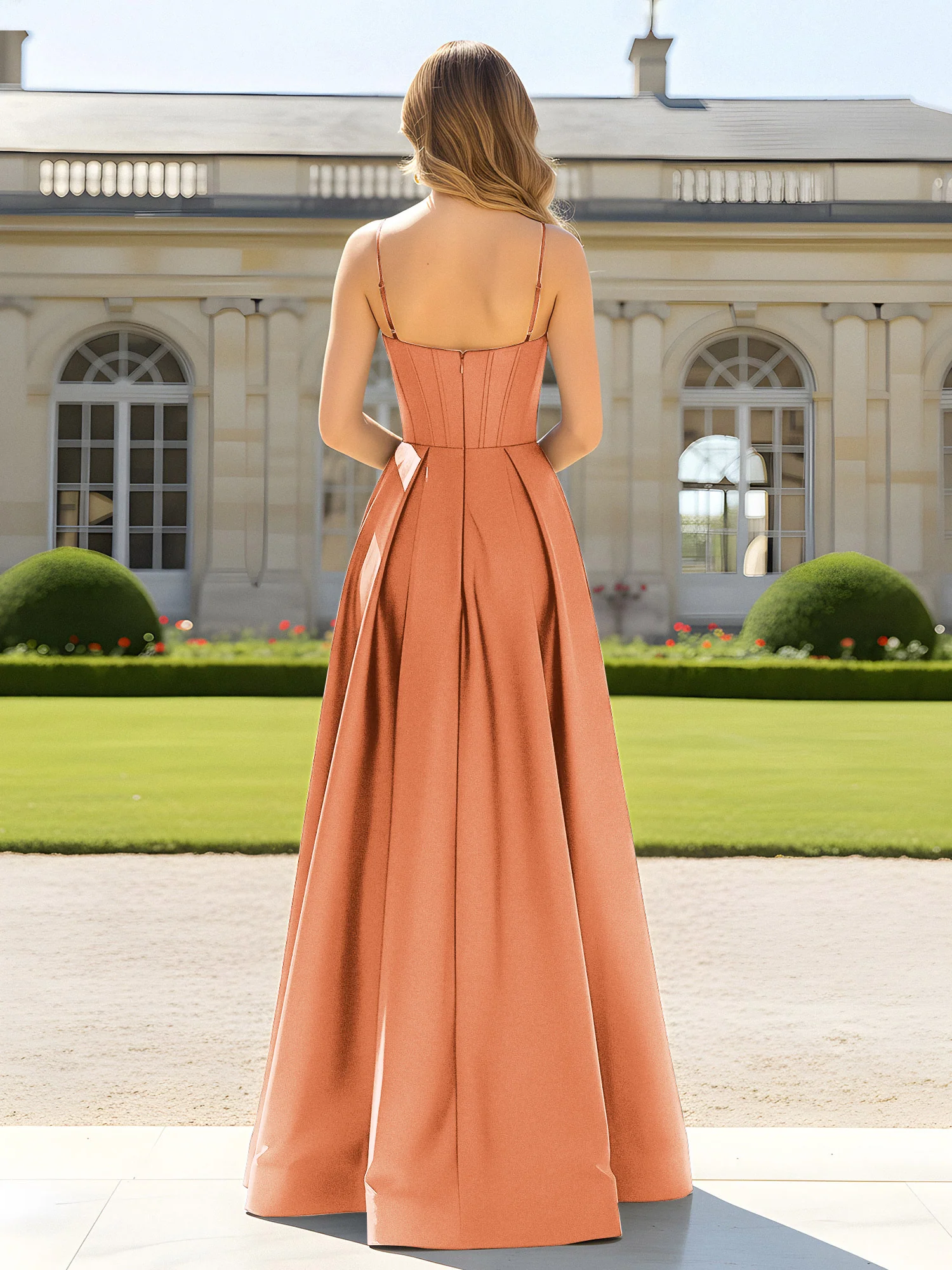 A-Line Spaghetti Straps Cowl Neck Satin Dress Papaya - Image 2