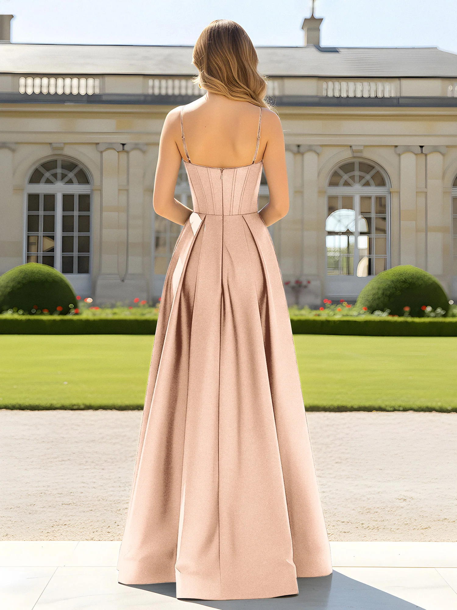 A-Line Spaghetti Straps Cowl Neck Satin Dress Peach - Image 2