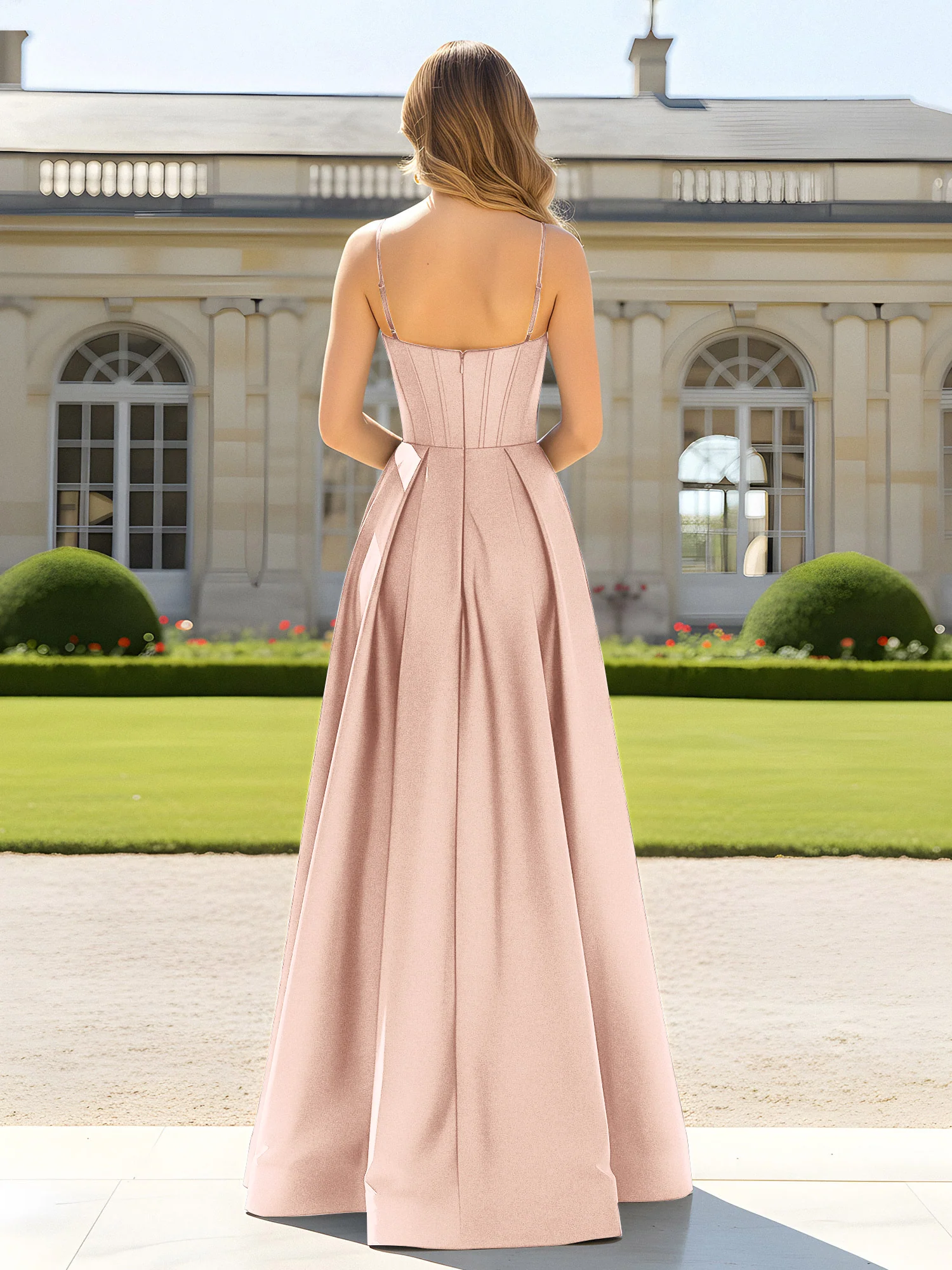 A-Line Spaghetti Straps Cowl Neck Satin Dress Pearl Pink - Image 2