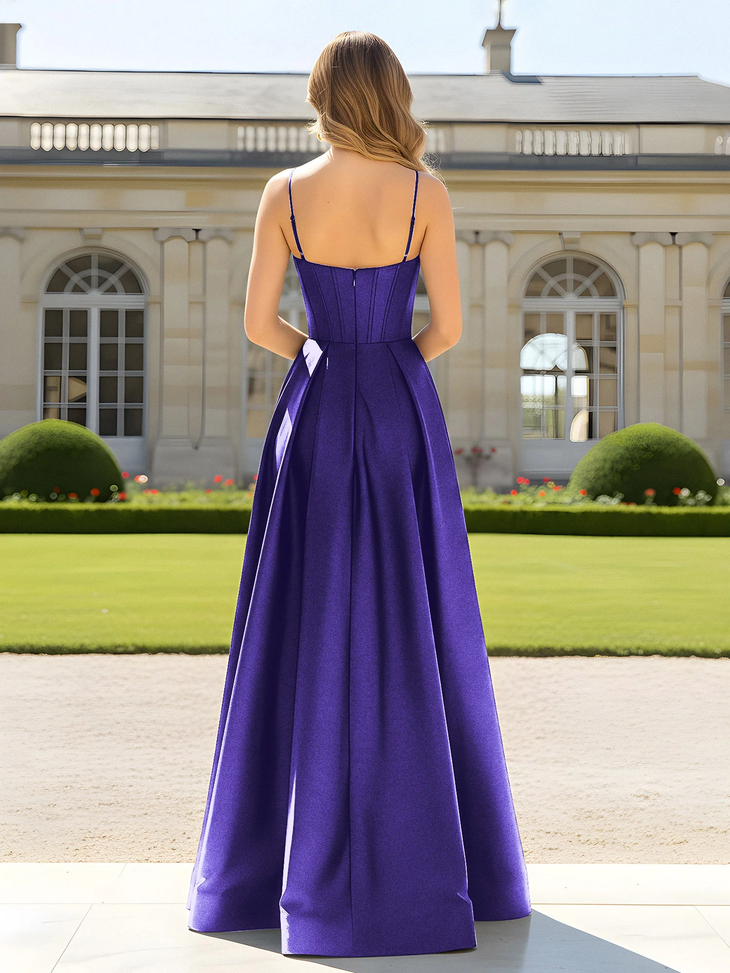 A-Line Spaghetti Straps Cowl Neck Satin Dress Regency - Image 2