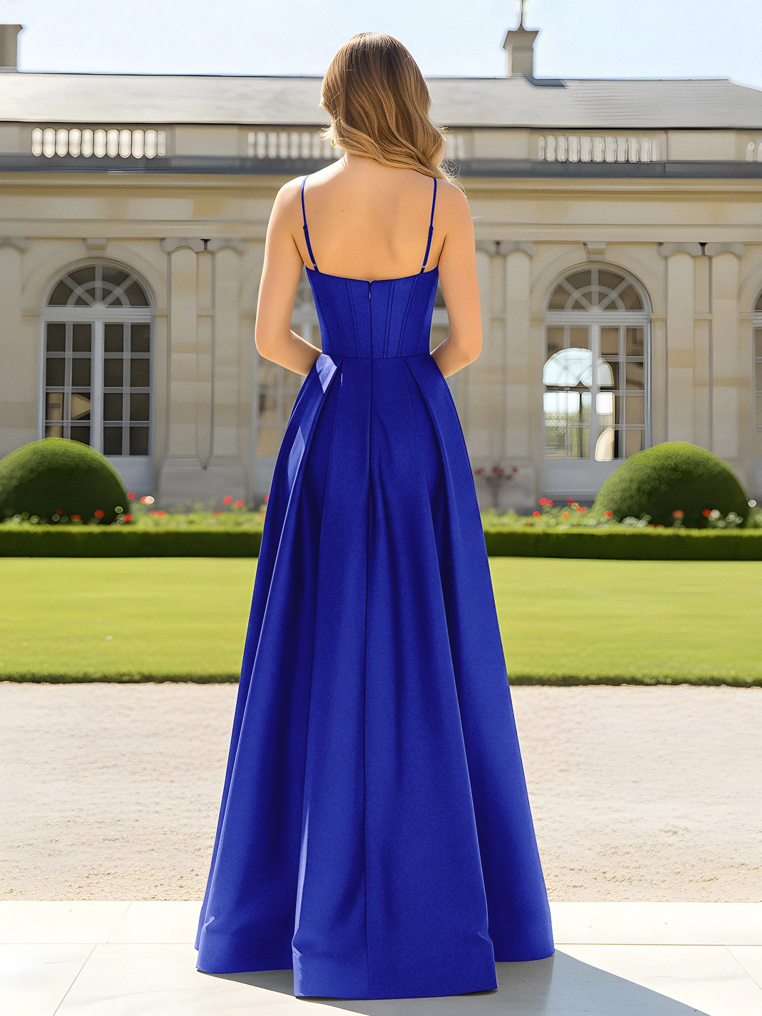 A-Line Spaghetti Straps Cowl Neck Satin Dress Royal Blue - Image 2