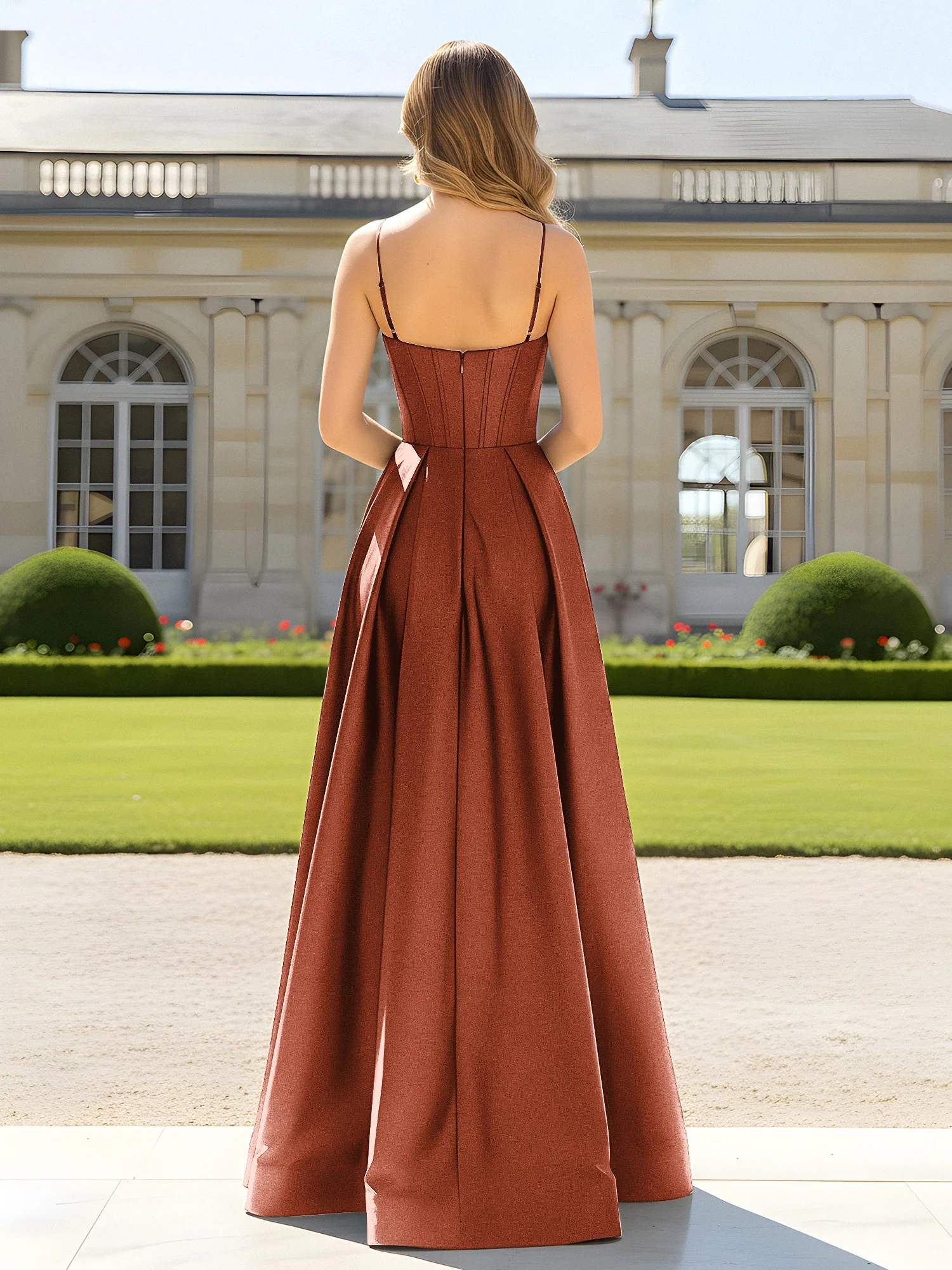 A-Line Spaghetti Straps Cowl Neck Satin Dress Rust - Image 2