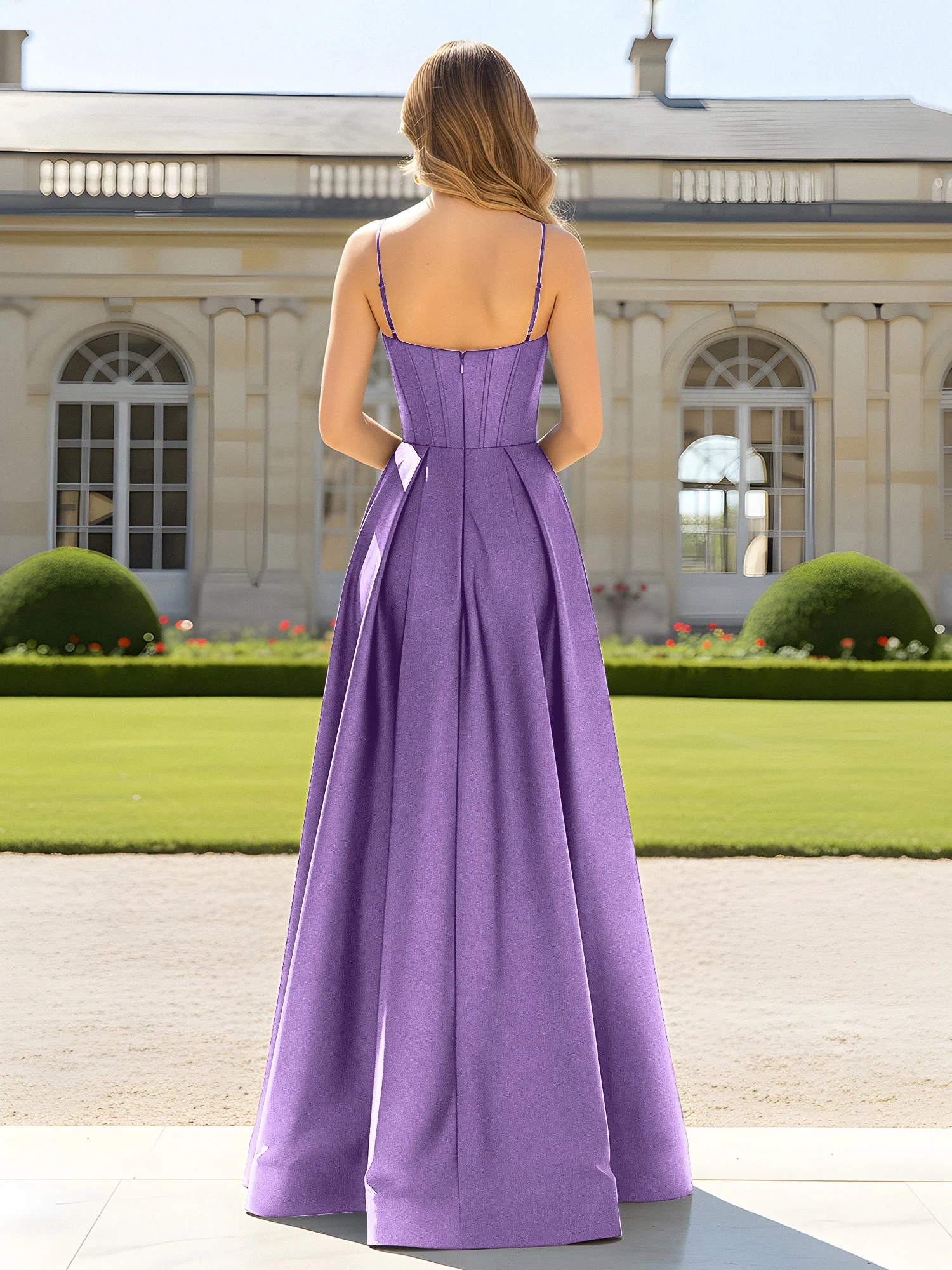 A-Line Spaghetti Straps Cowl Neck Satin Dress Tahiti - Image 2
