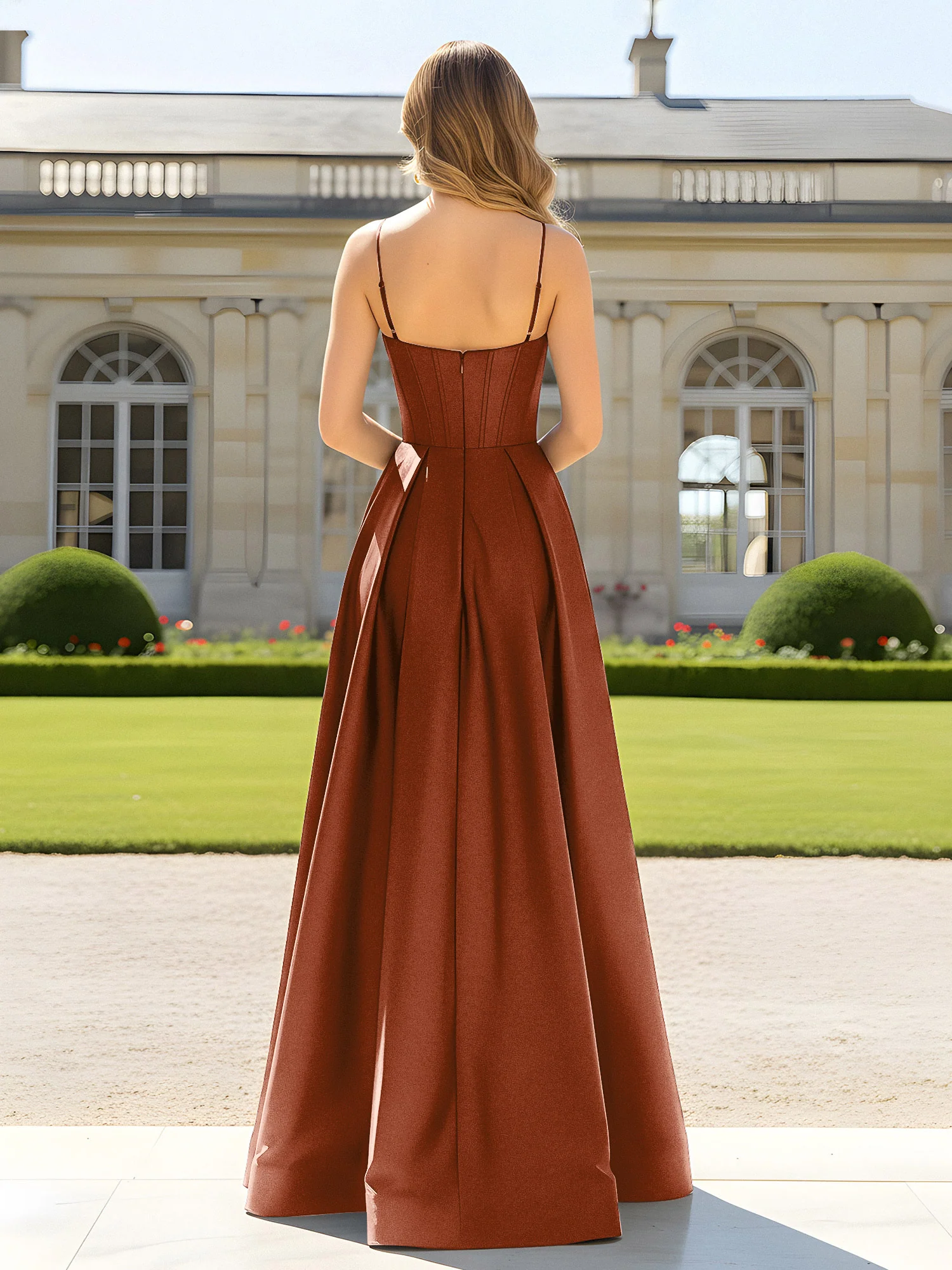 A-Line Spaghetti Straps Cowl Neck Satin Dress Terracotta - Image 2