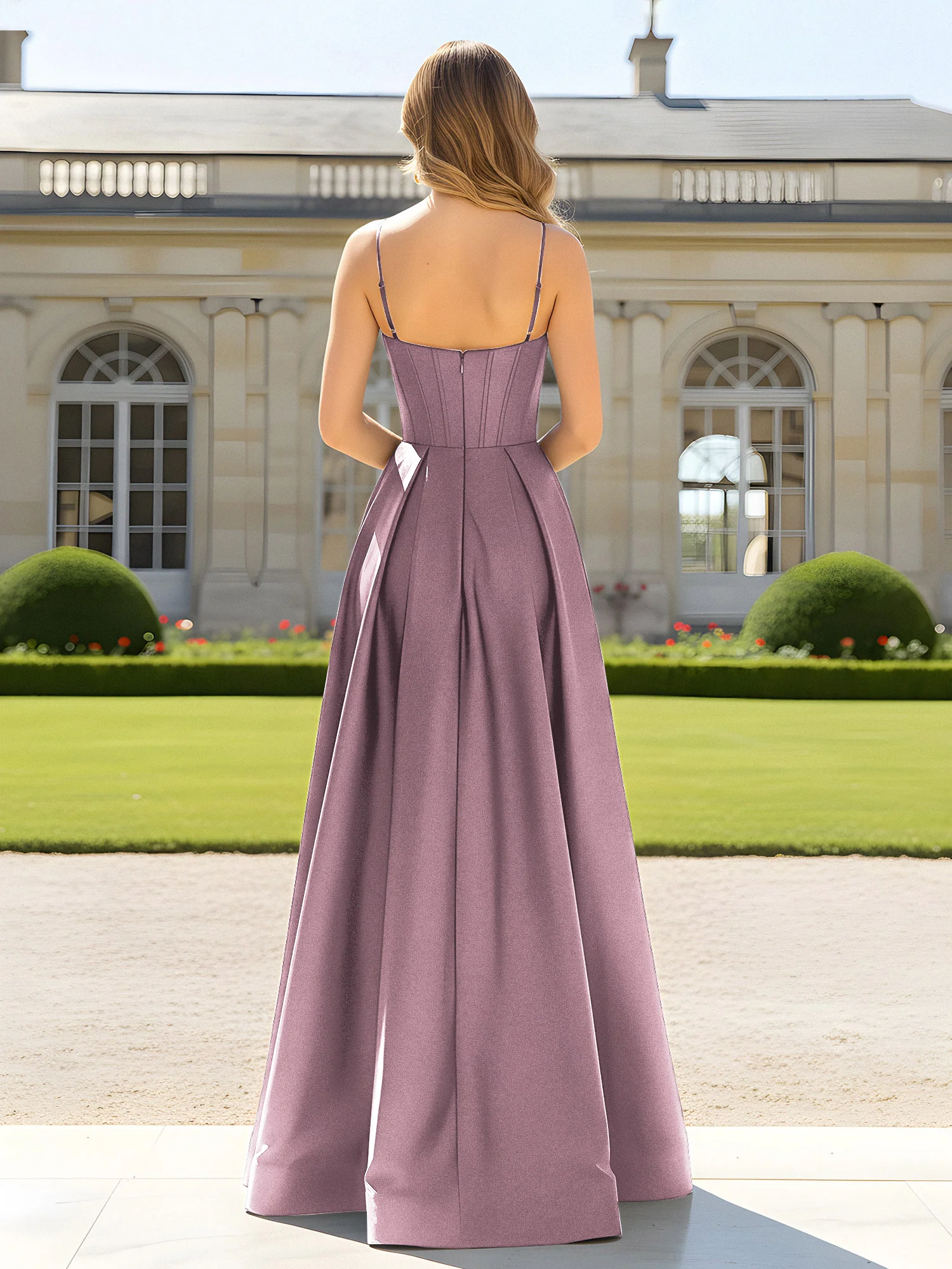 A-Line Spaghetti Straps Cowl Neck Satin Dress Vintage Mauve - Image 2