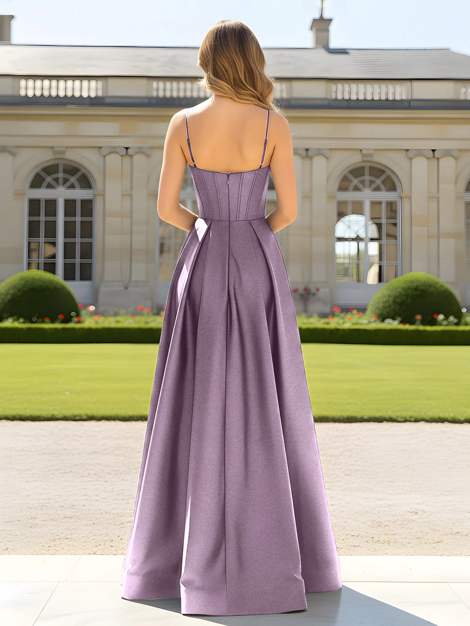 A-Line Spaghetti Straps Cowl Neck Satin Dress Wisteria - Image 2
