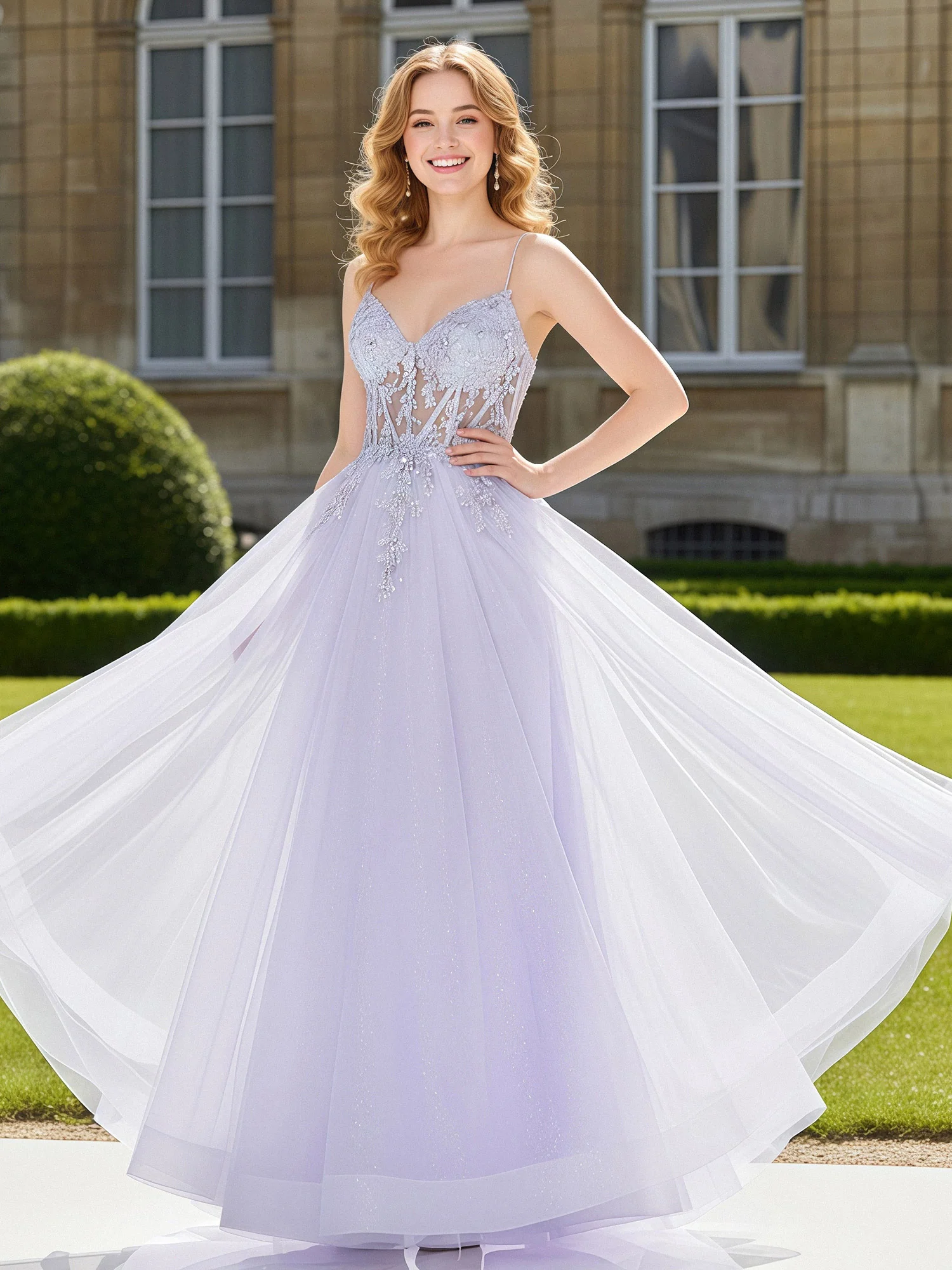 A-Line Floor Length V-Neck Appliqued Tulle Prom Dress Lilac