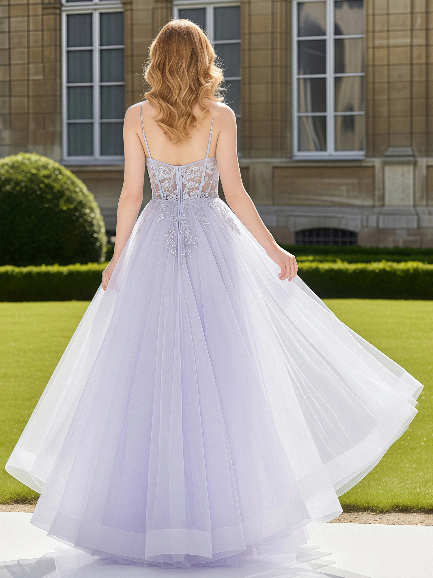 A-Line Floor Length V-Neck Appliqued Tulle Prom Dress Lilac - Image 2