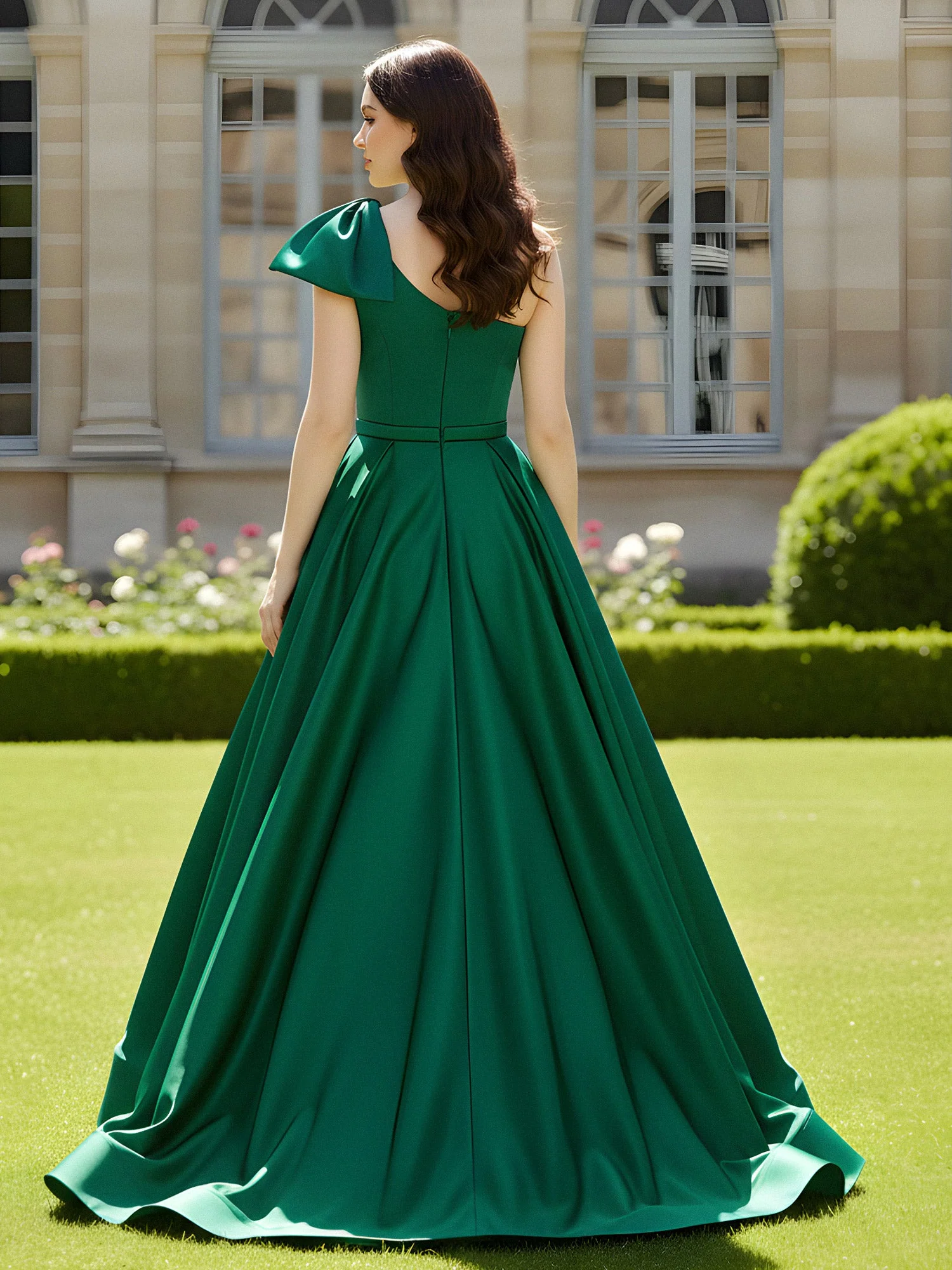 One Shoulder Sweep Train Satin Gown With Bow Orchid - Image 2