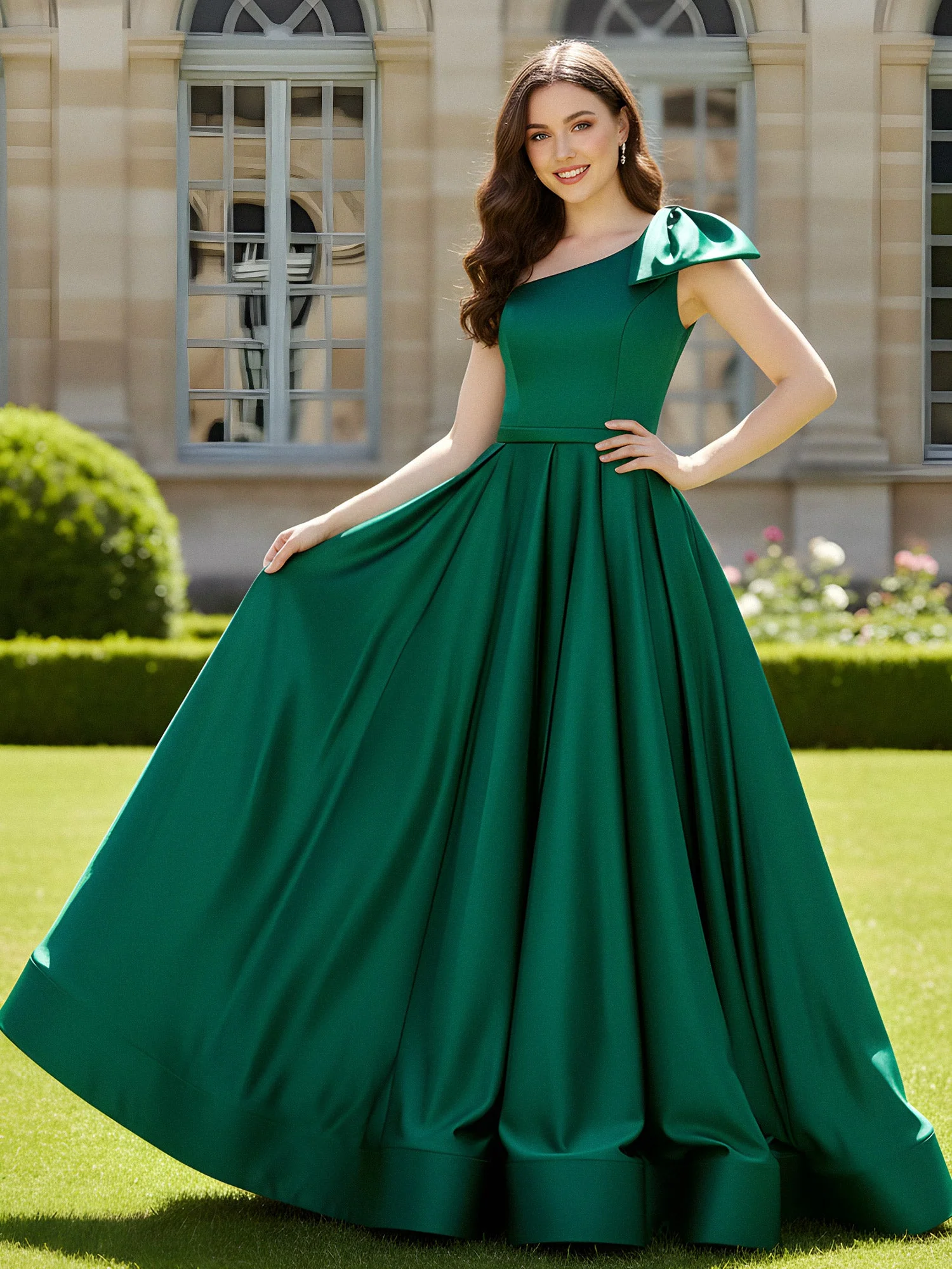 One Shoulder Sweep Train Satin Gown With Bow Papaya