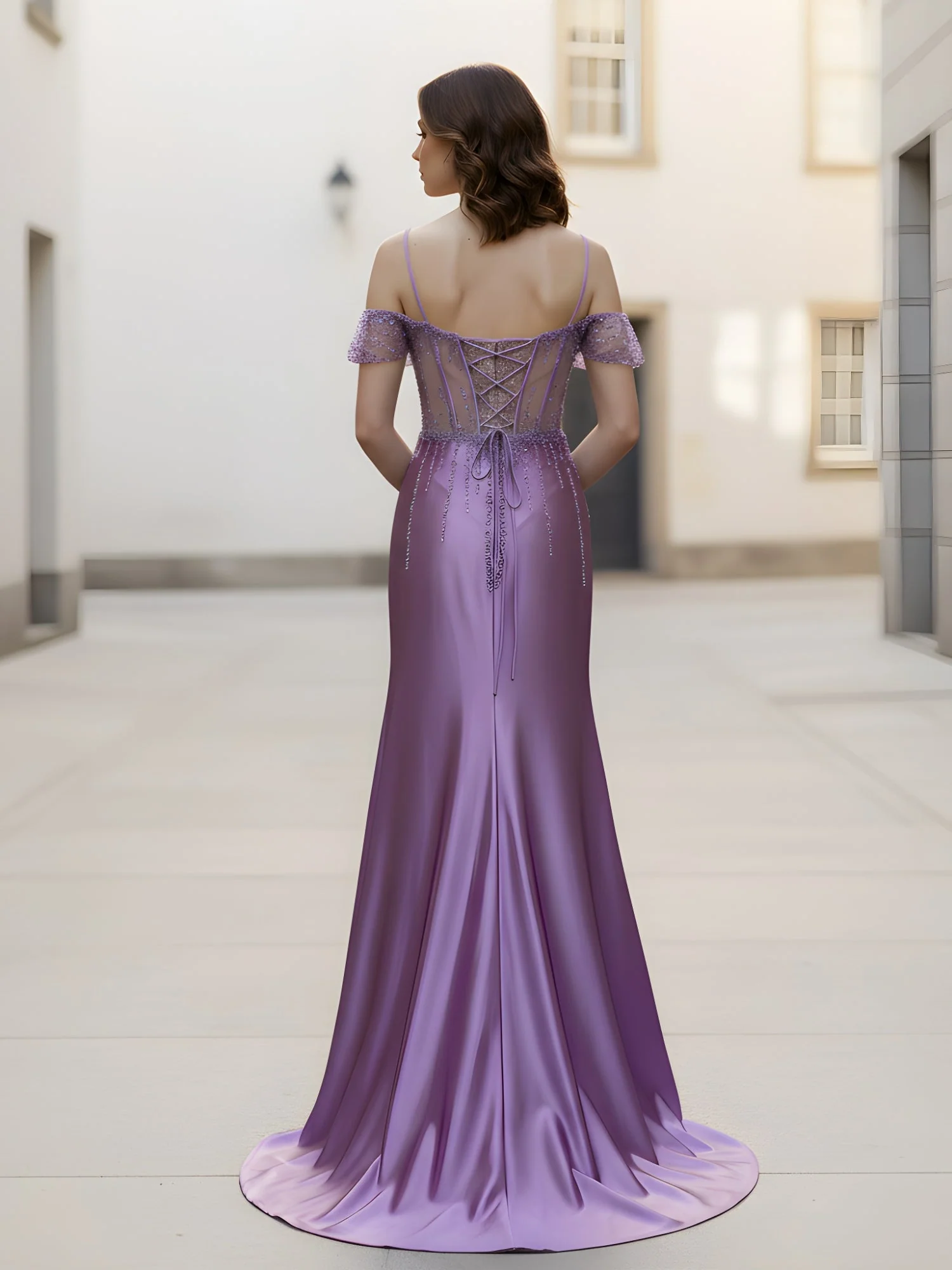 Sweetheart Sequins Sheer Corset Sheath Gown With Slit Dark Navy - Image 2