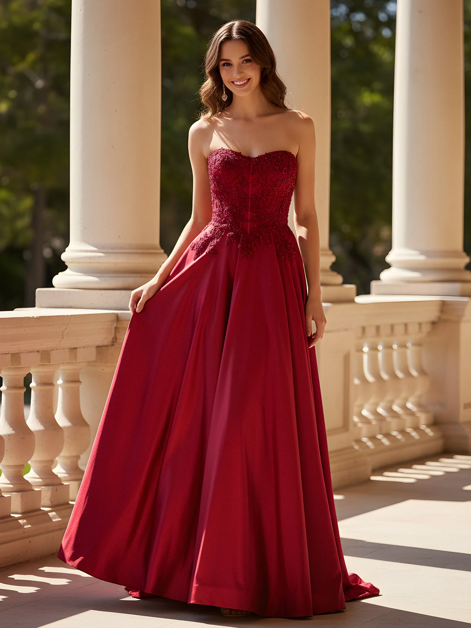 A-Line Appliqued Sweetheart Lace-Up Gown Burgundy