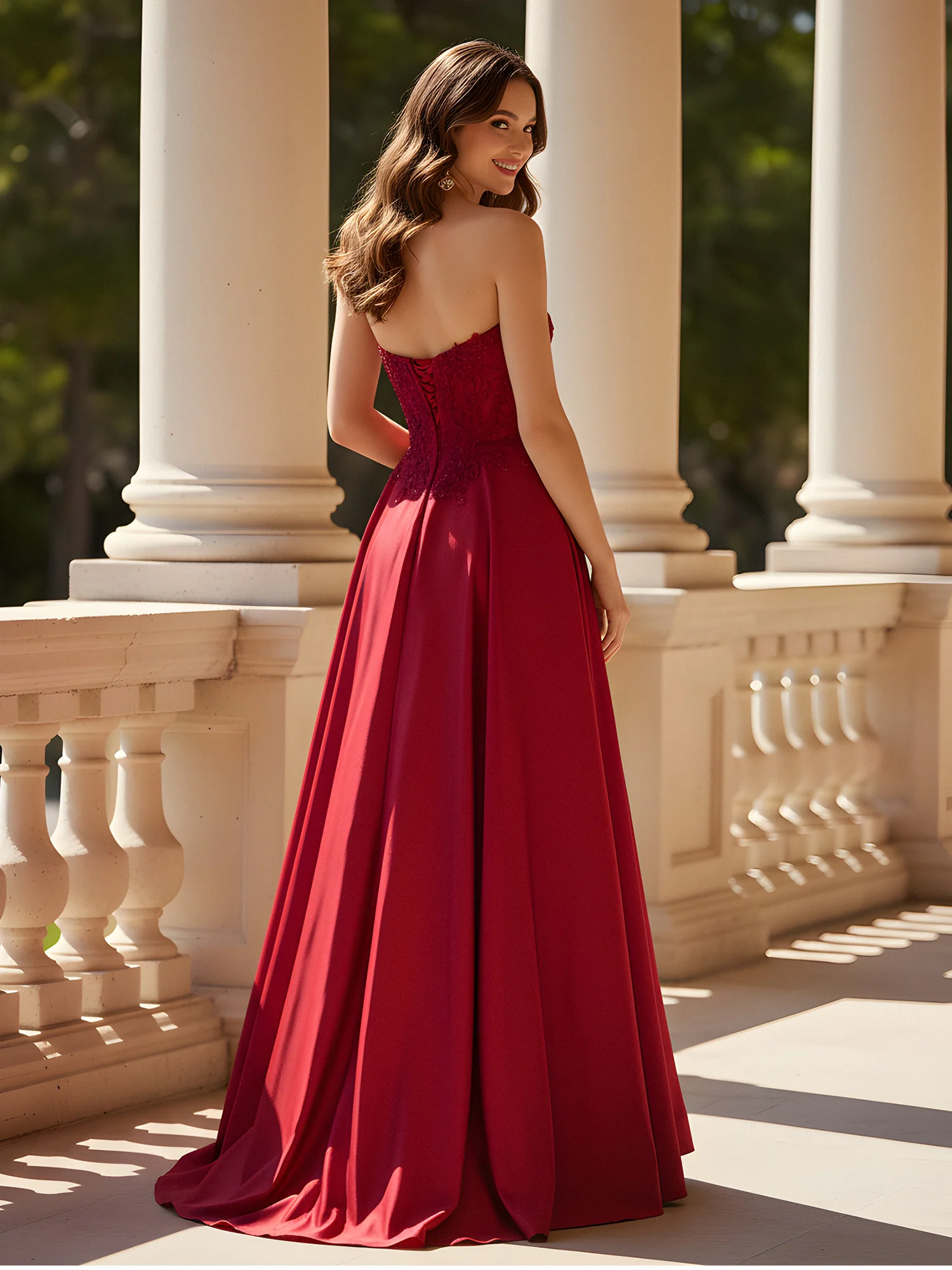 A-Line Appliqued Sweetheart Lace-Up Gown Burgundy - Image 2