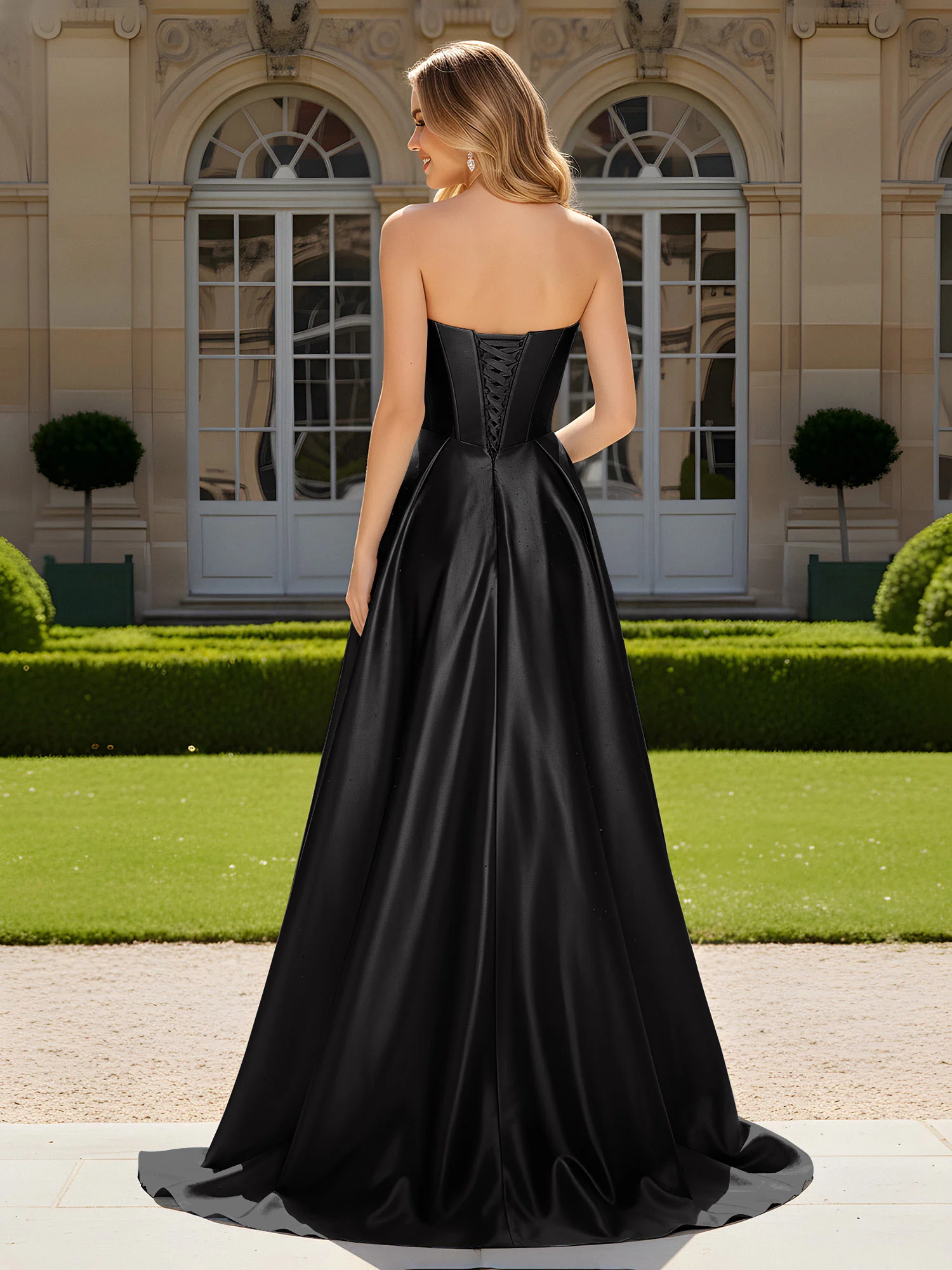 Sweetheart Pleated Lace-Up Gown With Sweep/Brush Train Black - Image 2