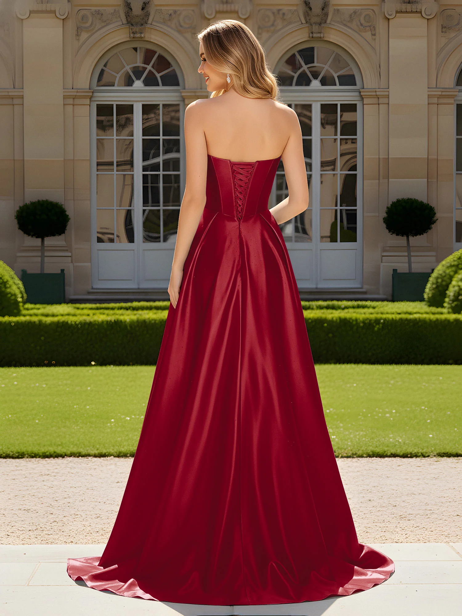 Sweetheart Pleated Lace-Up Gown With Sweep/Brush Train Burgundy - Image 2
