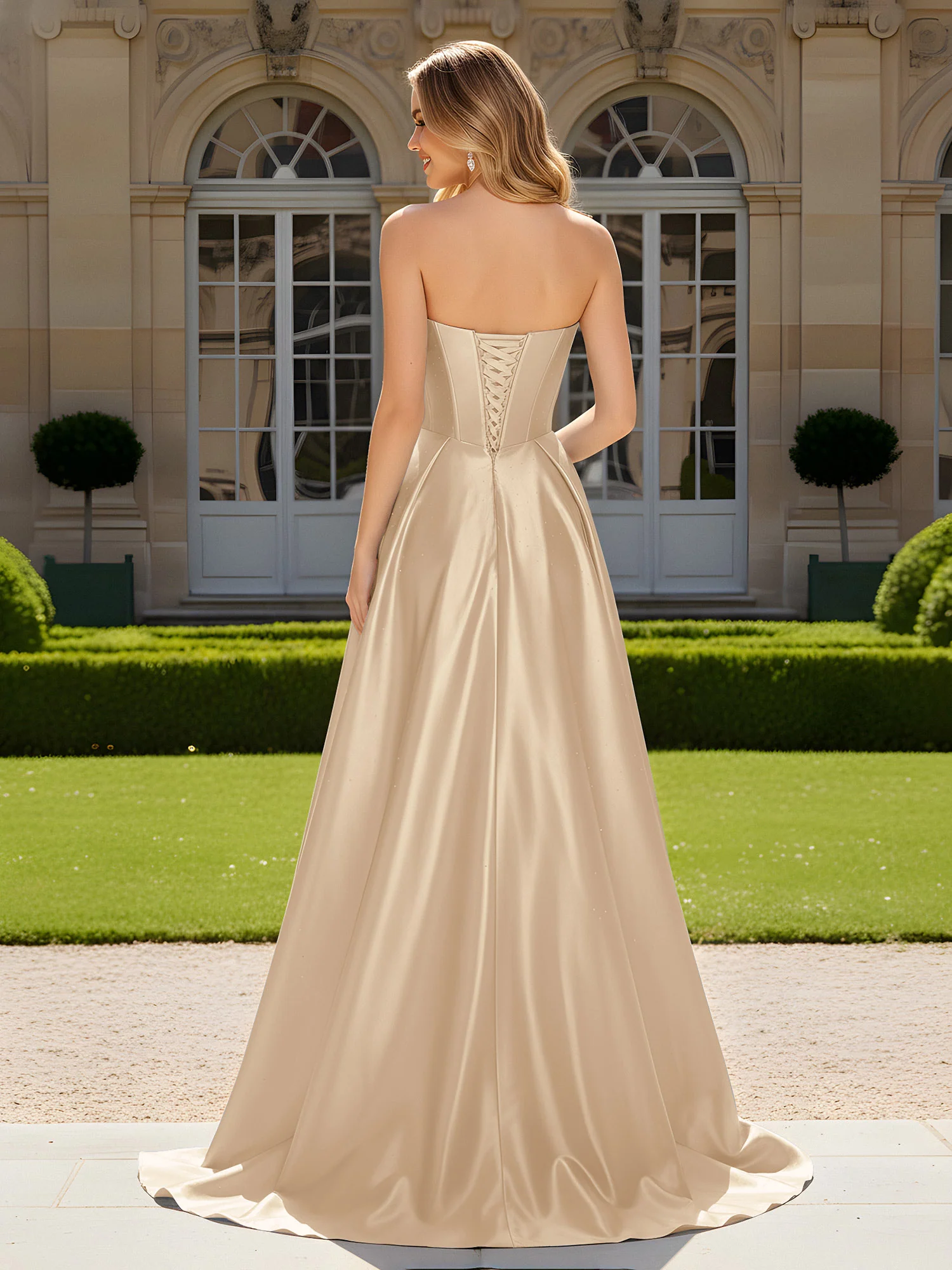 Sweetheart Pleated Lace-Up Gown With Sweep/Brush Train Champagne - Image 2