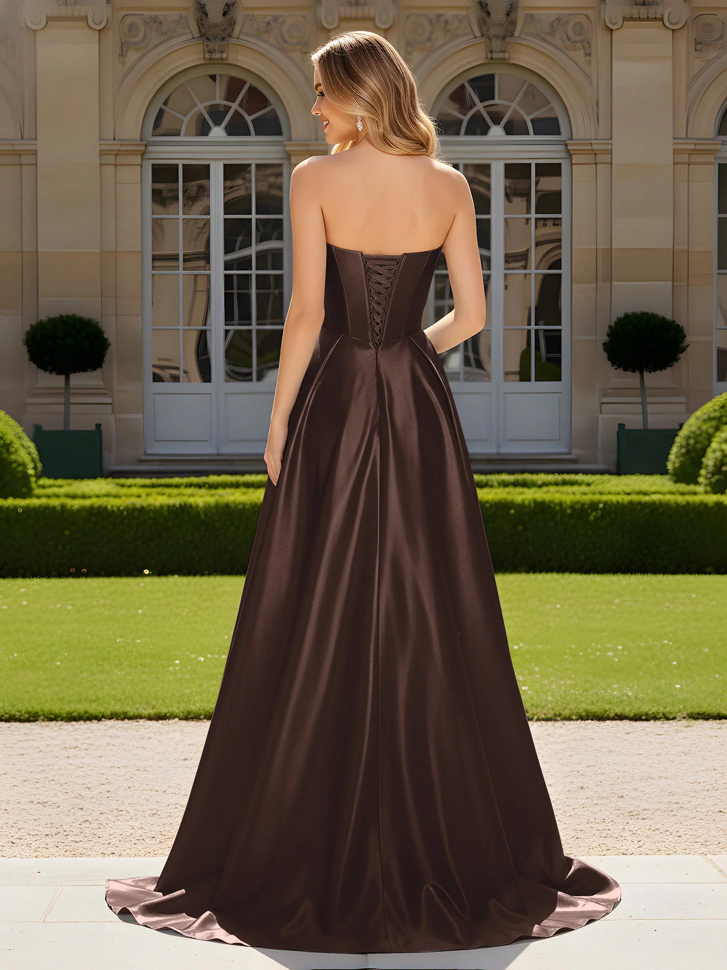 Sweetheart Pleated Lace-Up Gown With Sweep/Brush Train Chocolate - Image 2