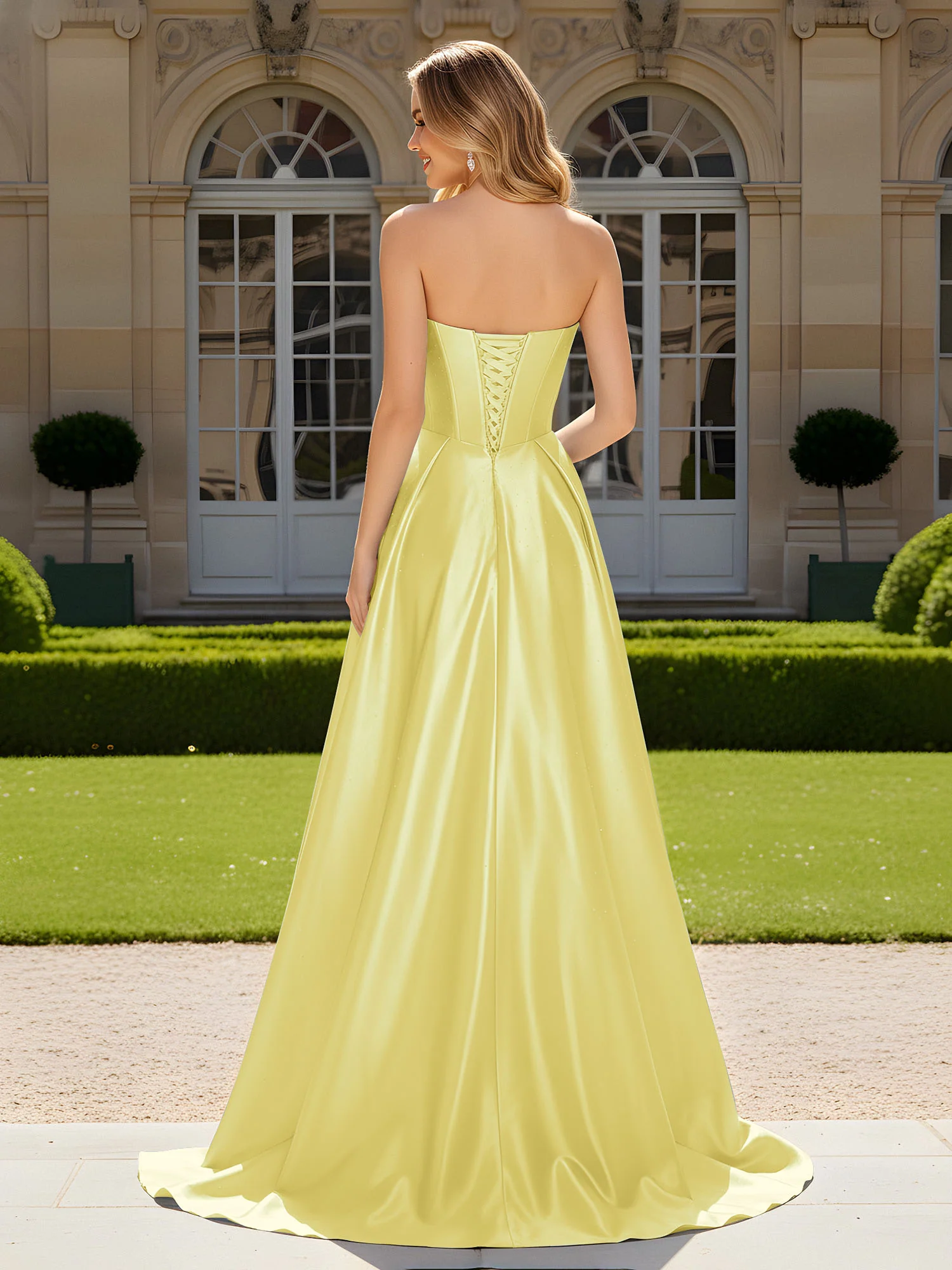 Sweetheart Pleated Lace-Up Gown With Sweep/Brush Train Daffodil - Image 2
