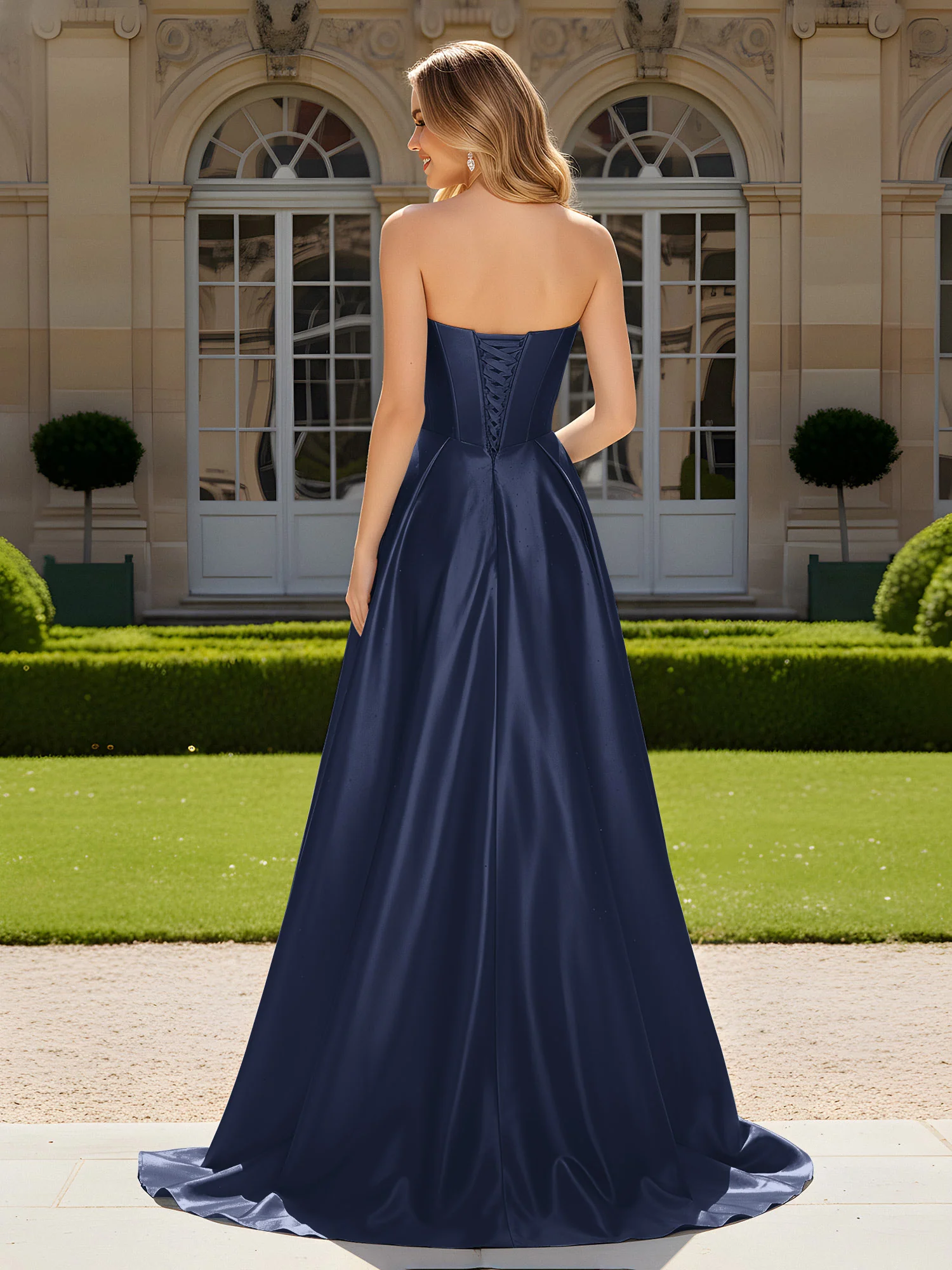 Sweetheart Pleated Lace-Up Gown With Sweep/Brush Train Dark Navy - Image 2
