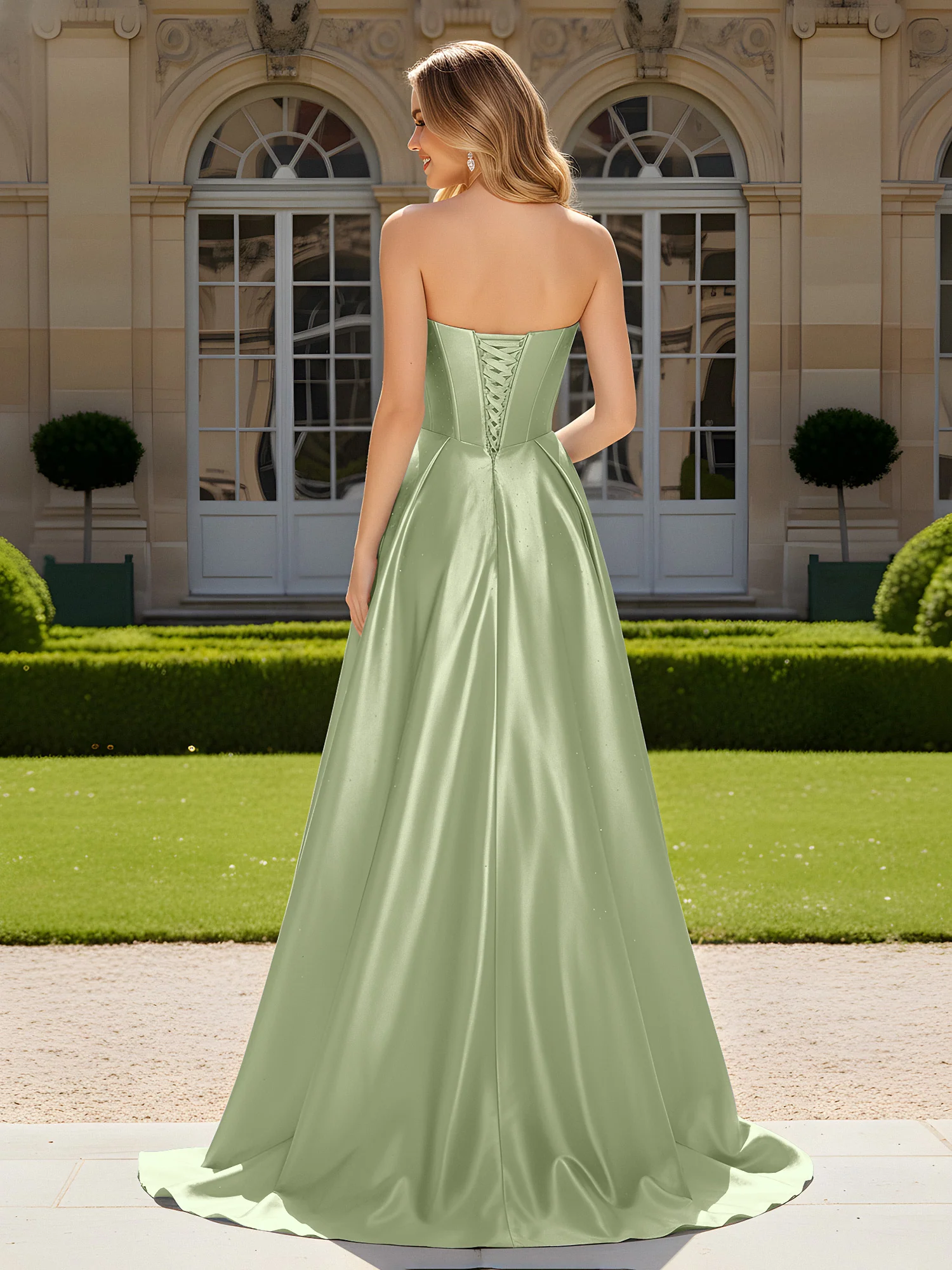Sweetheart Pleated Lace-Up Gown With Sweep/Brush Train Dusty Sage - Image 2