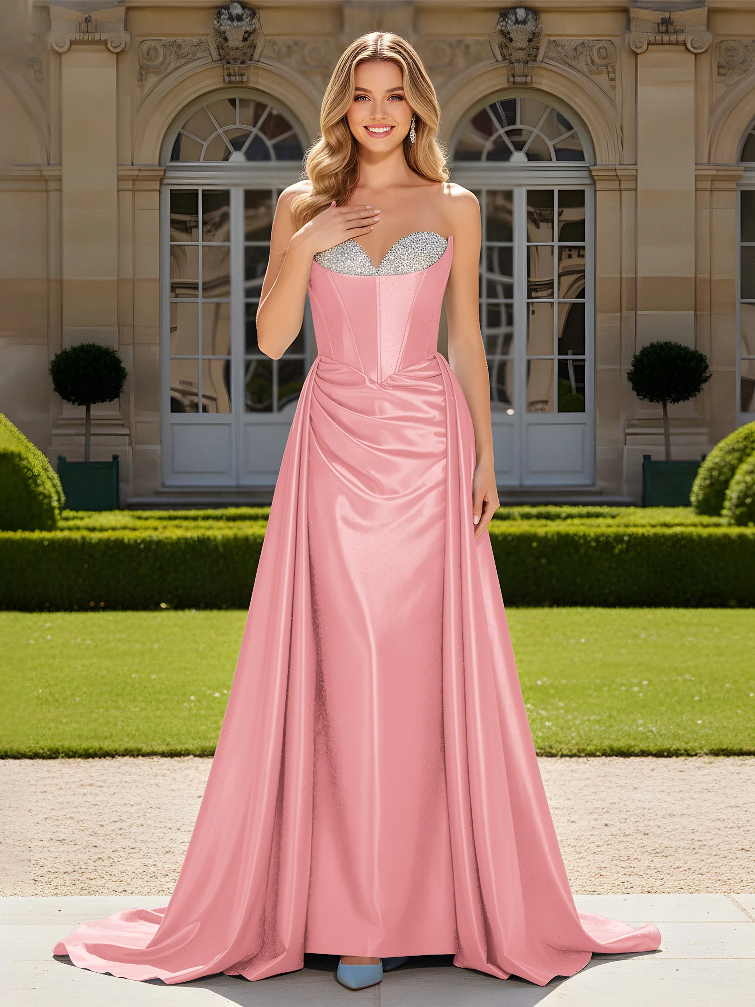 Sweetheart Pleated Lace-Up Gown With Sweep/Brush Train Flamingo