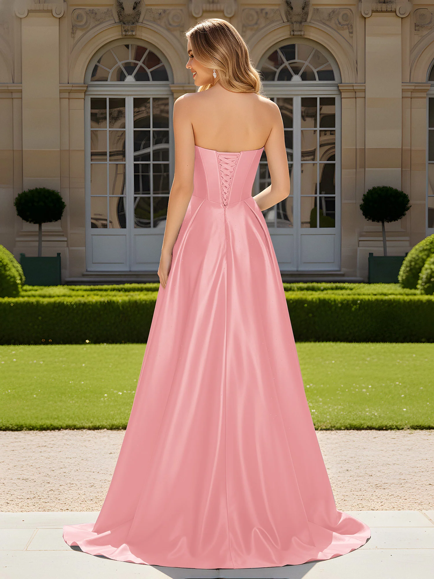 Sweetheart Pleated Lace-Up Gown With Sweep/Brush Train Flamingo - Image 2
