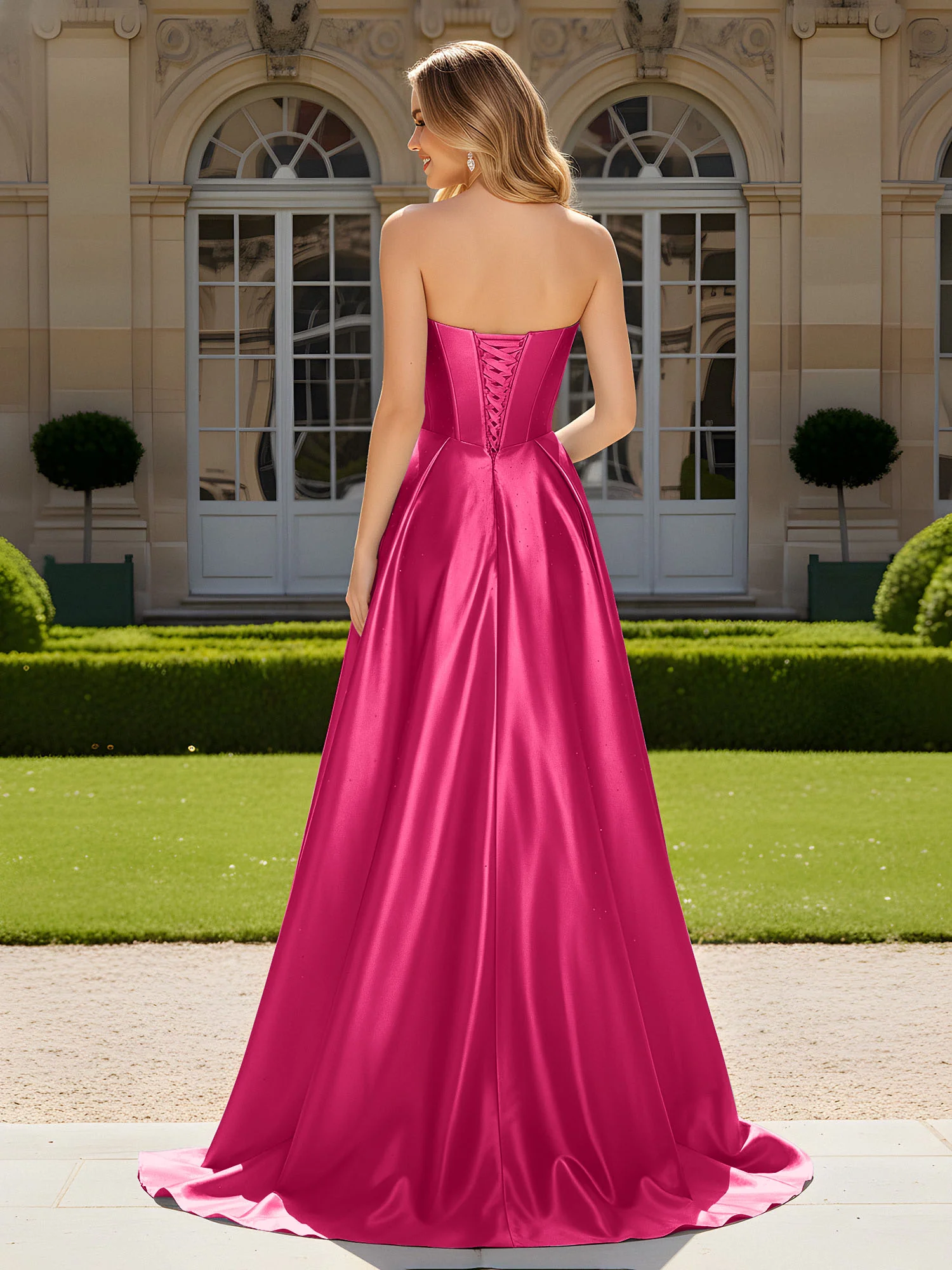 Sweetheart Pleated Lace-Up Gown With Sweep/Brush Train Fuchsia - Image 2