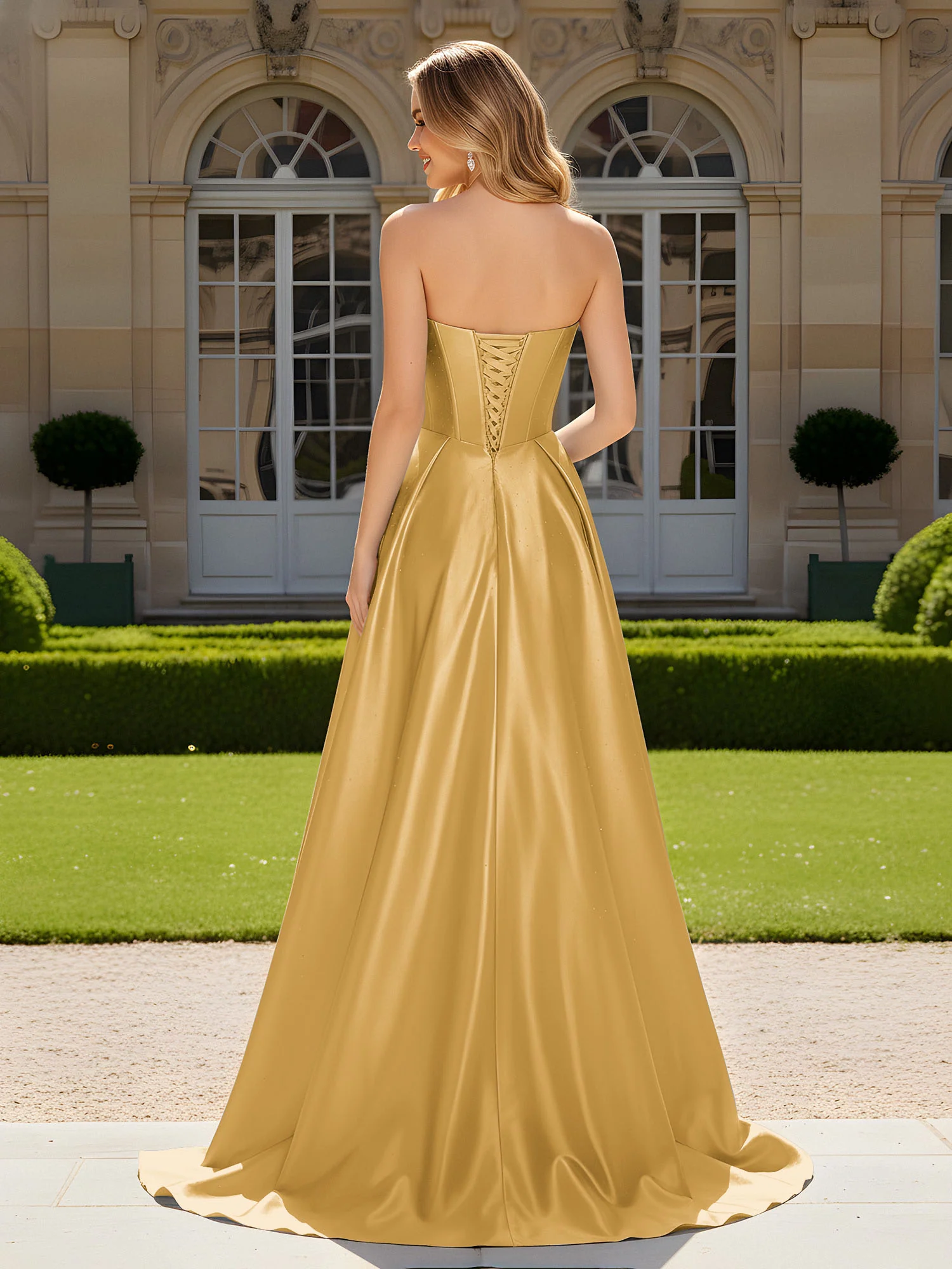 Sweetheart Pleated Lace-Up Gown With Sweep/Brush Train Gold - Image 2
