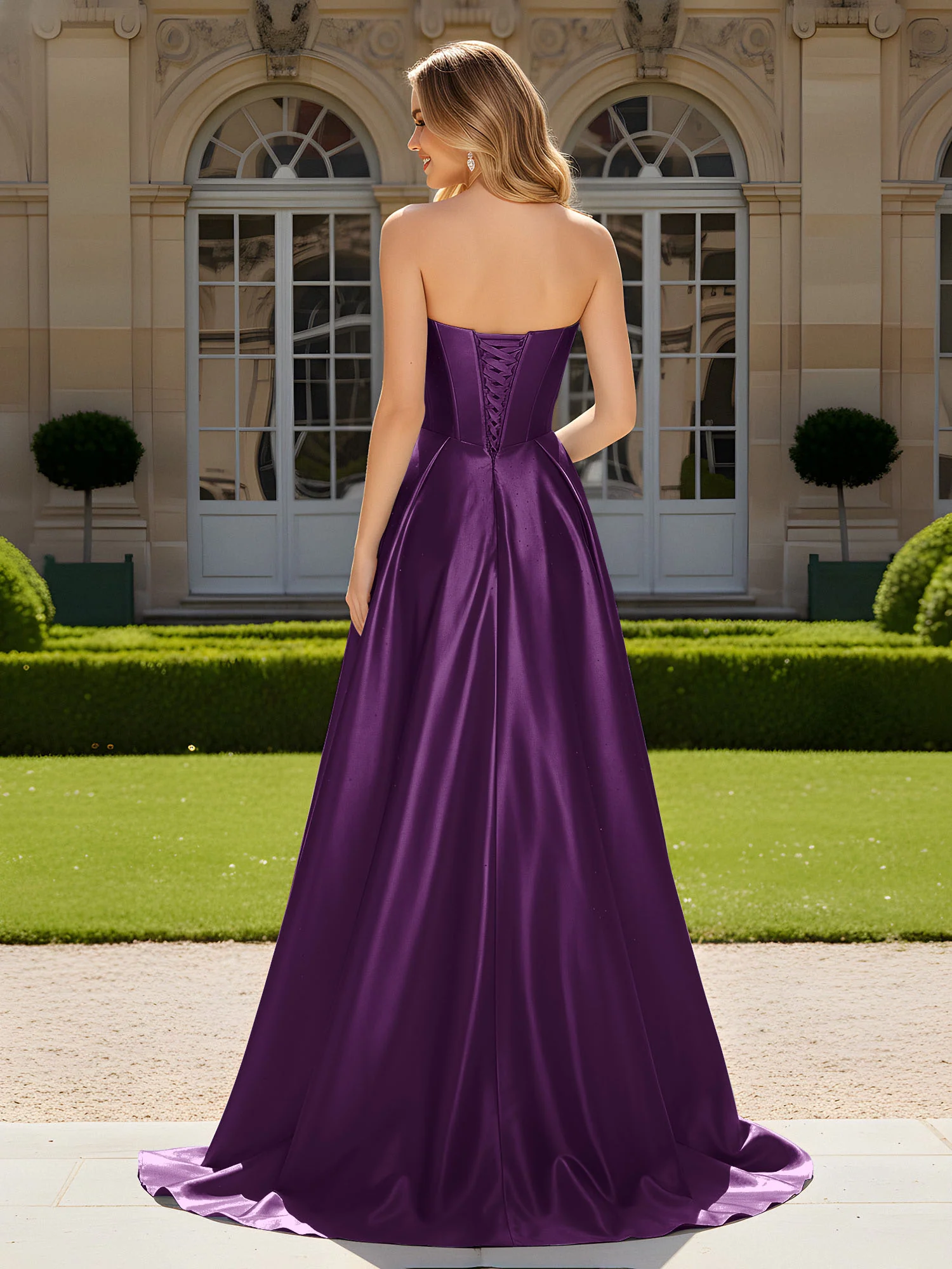 Sweetheart Pleated Lace-Up Gown With Sweep/Brush Train Grape - Image 2