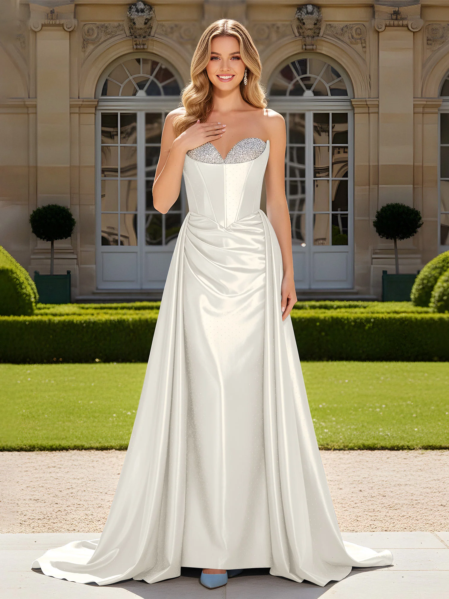 Sweetheart Pleated Lace-Up Gown With Sweep/Brush Train Ivory