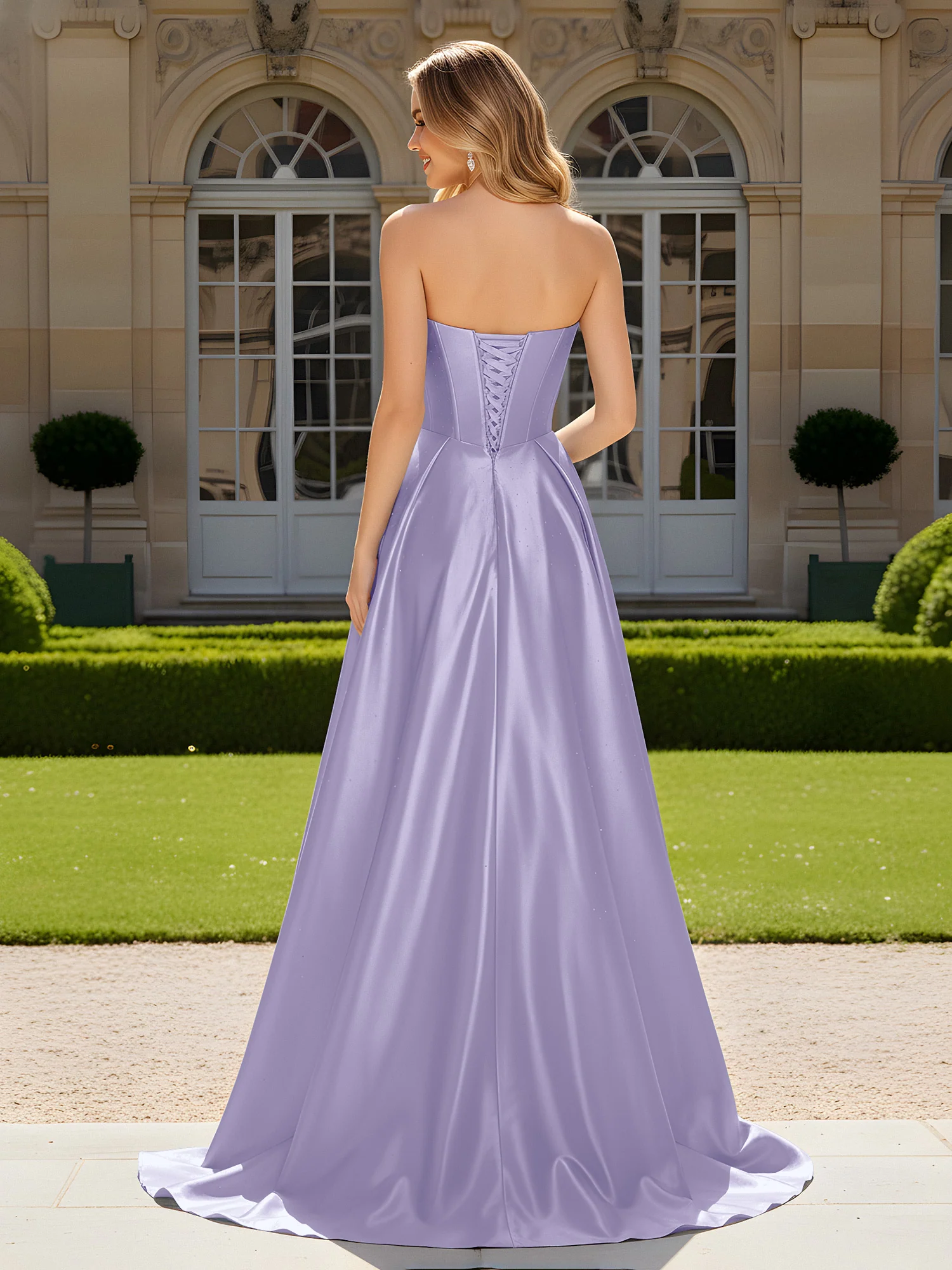 Sweetheart Pleated Lace-Up Gown With Sweep/Brush Train Lavender - Image 2