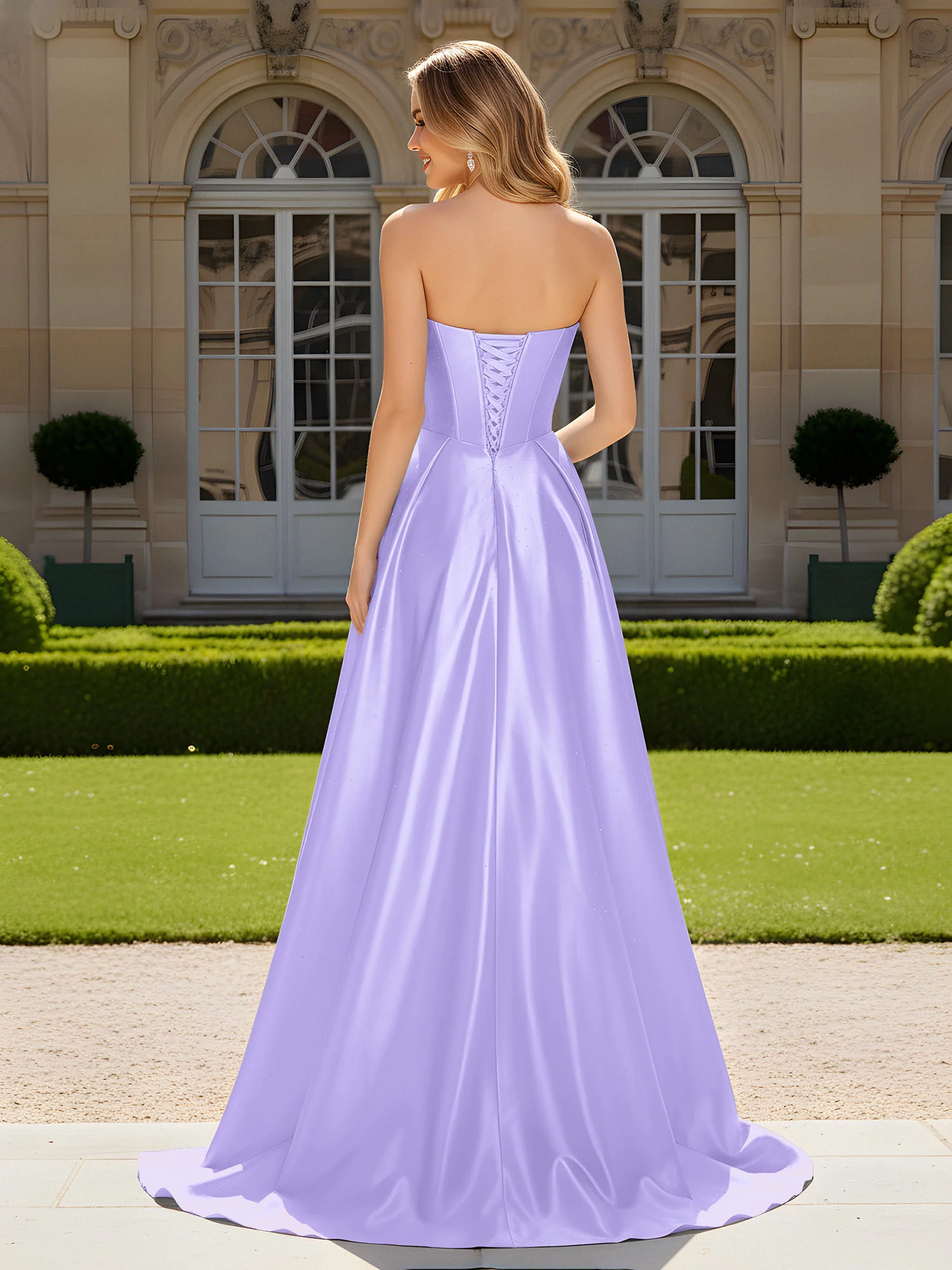 Sweetheart Pleated Lace-Up Gown With Sweep/Brush Train Lilac - Image 2