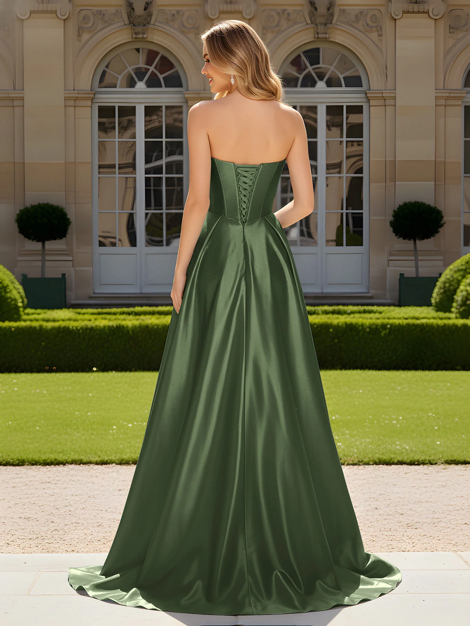 Sweetheart Pleated Lace-Up Gown With Sweep/Brush Train Olive Green - Image 2