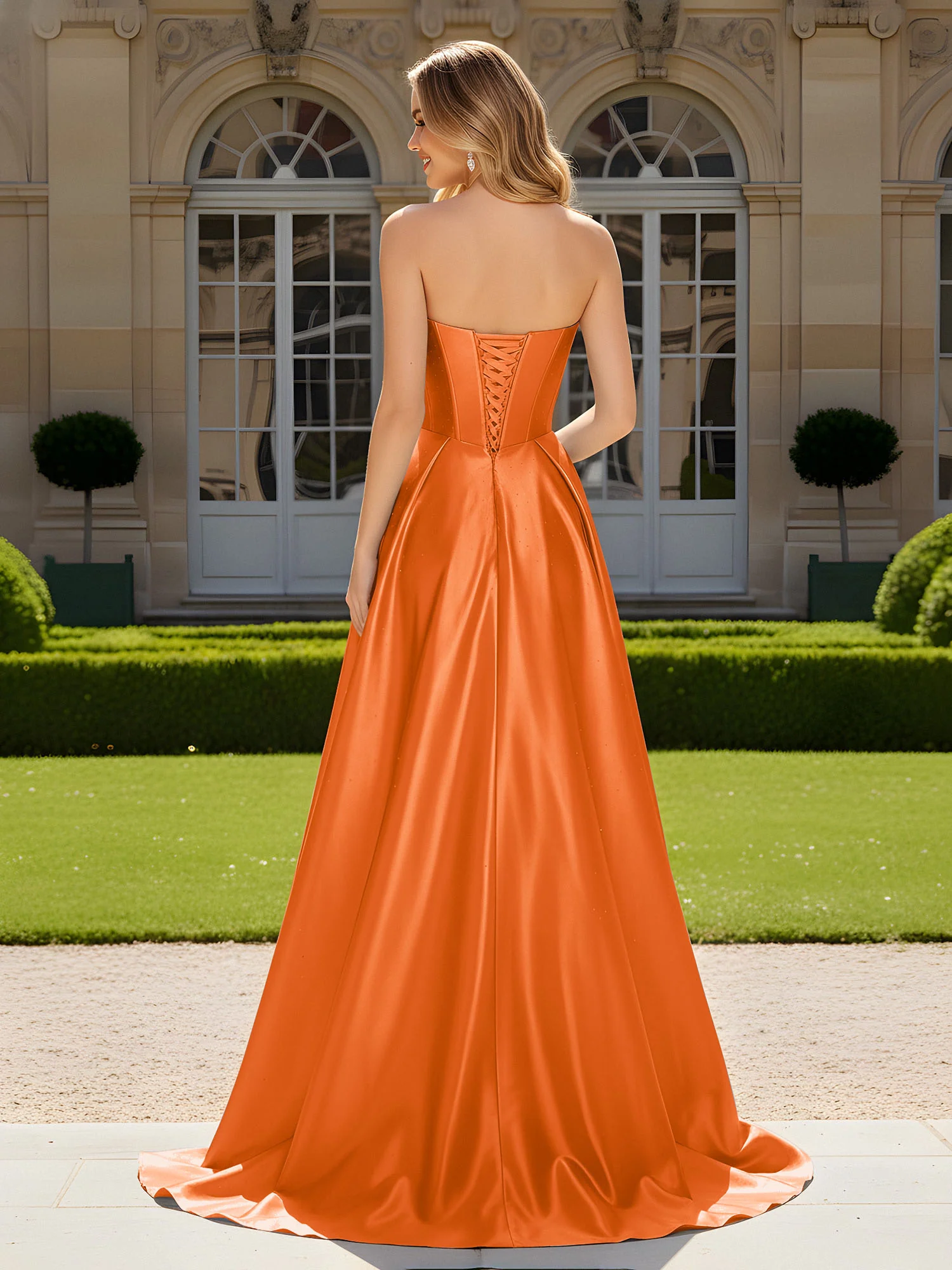 Sweetheart Pleated Lace-Up Gown With Sweep/Brush Train Orange - Image 2