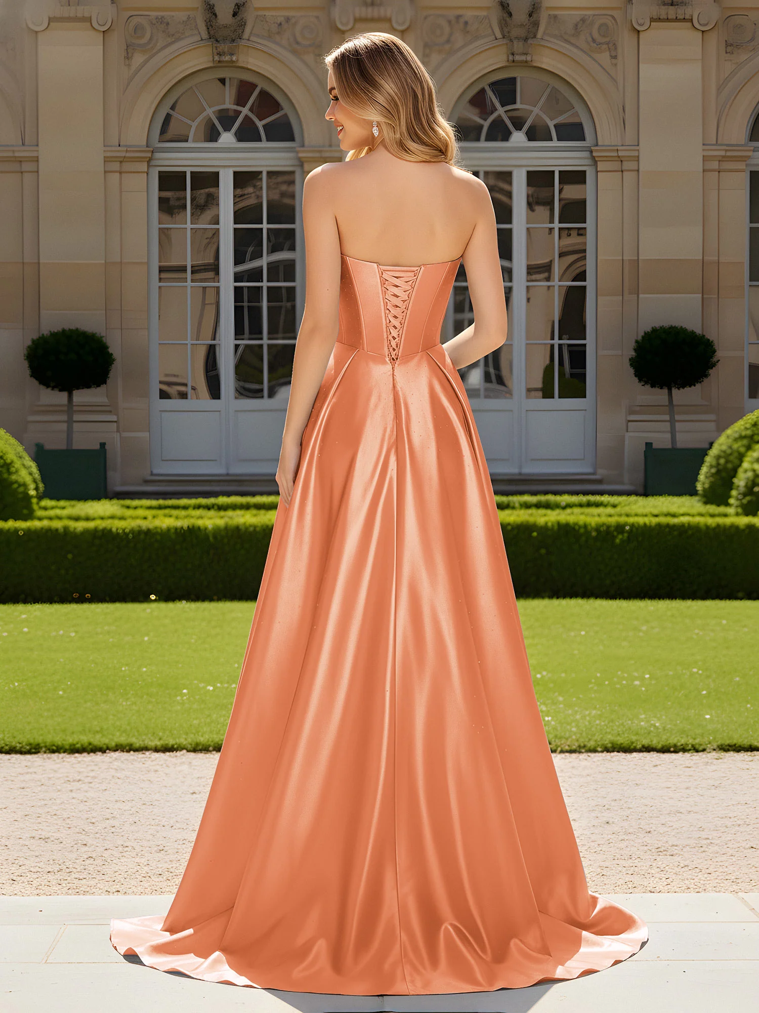 Sweetheart Pleated Lace-Up Gown With Sweep/Brush Train Papaya - Image 2