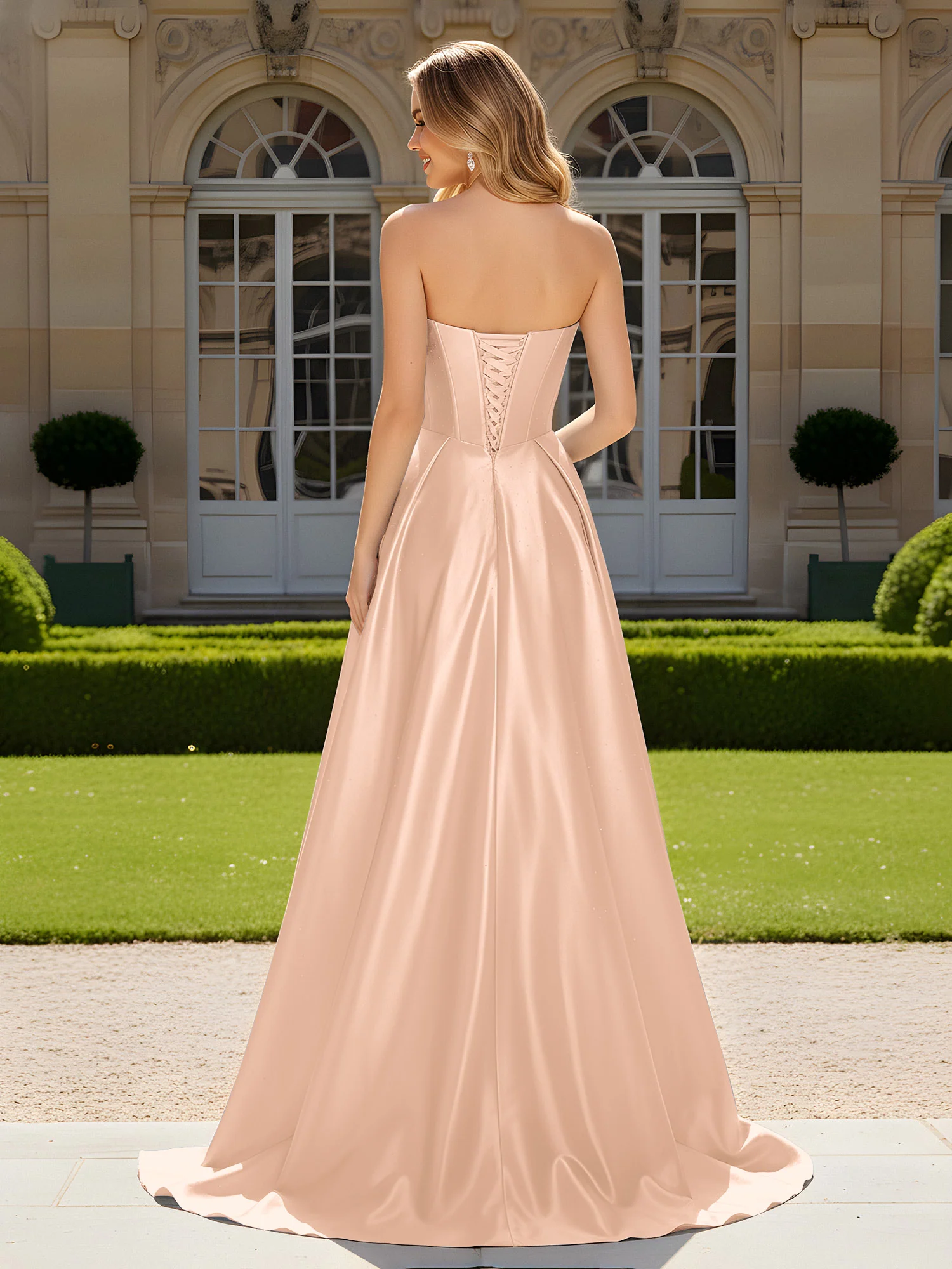 Sweetheart Pleated Lace-Up Gown With Sweep/Brush Train Peach - Image 2
