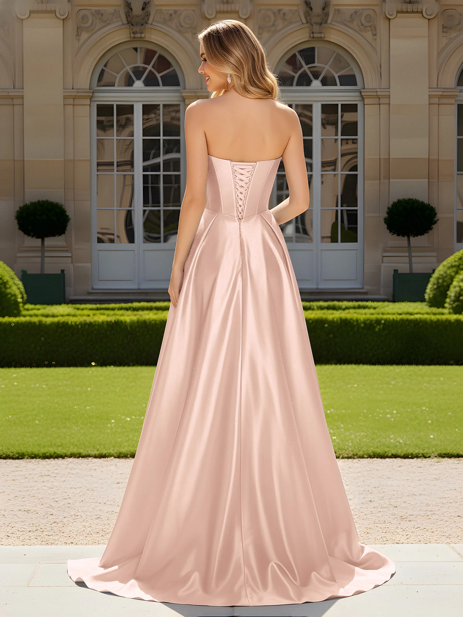 Sweetheart Pleated Lace-Up Gown With Sweep/Brush Train Pearl Pink - Image 2