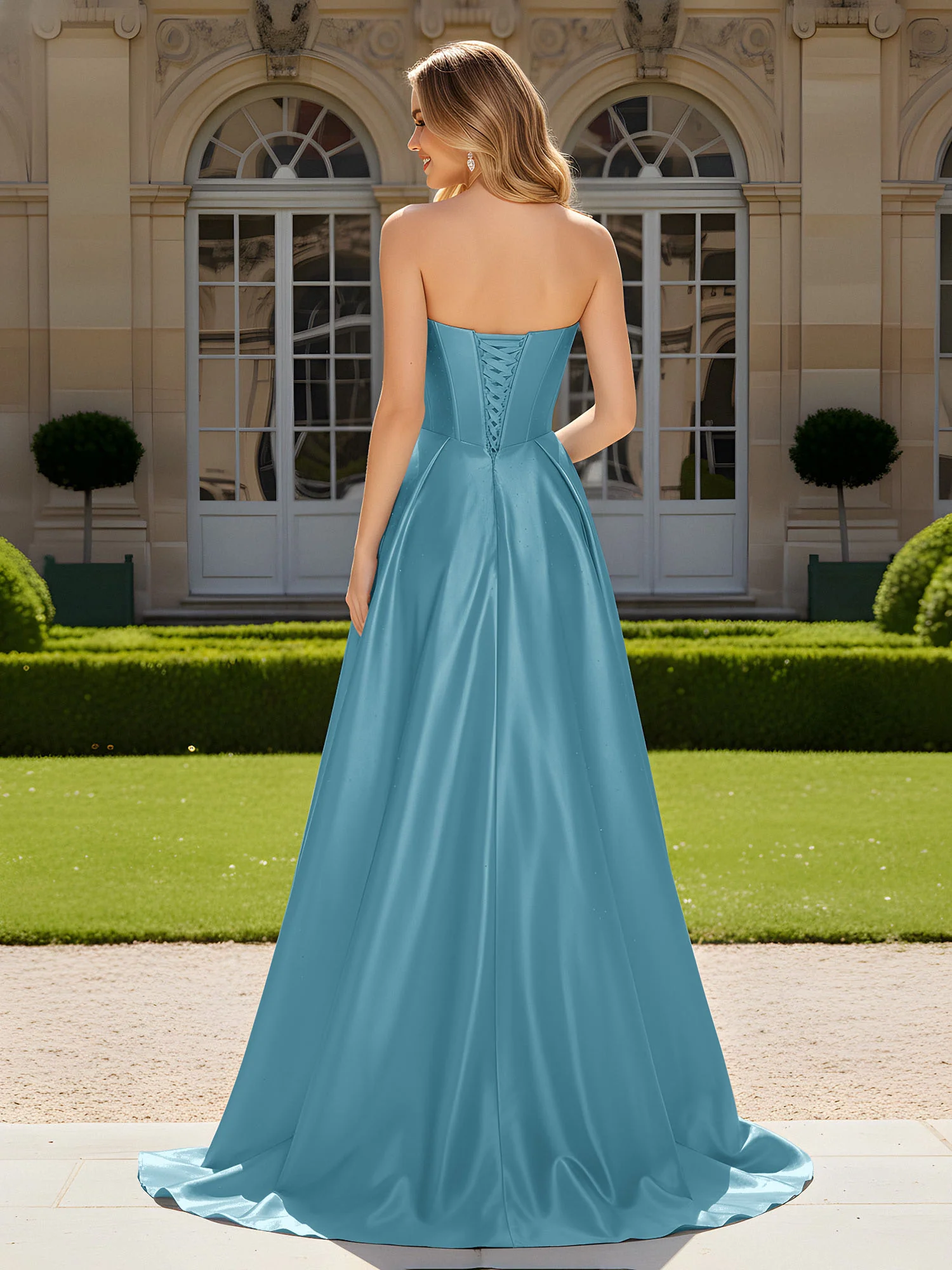 Sweetheart Pleated Lace-Up Gown With Sweep/Brush Train Pool - Image 2