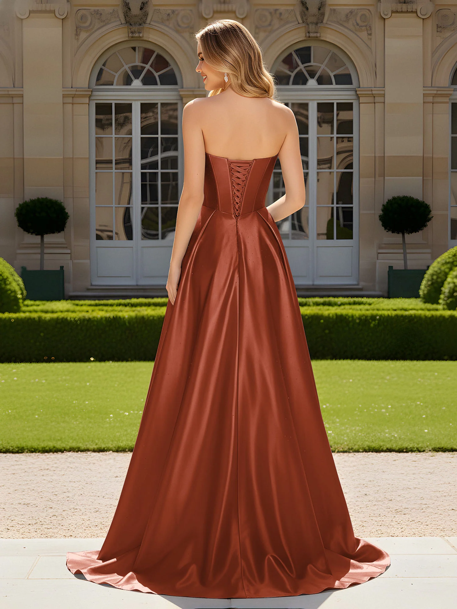 Sweetheart Pleated Lace-Up Gown With Sweep/Brush Train Rust - Image 2