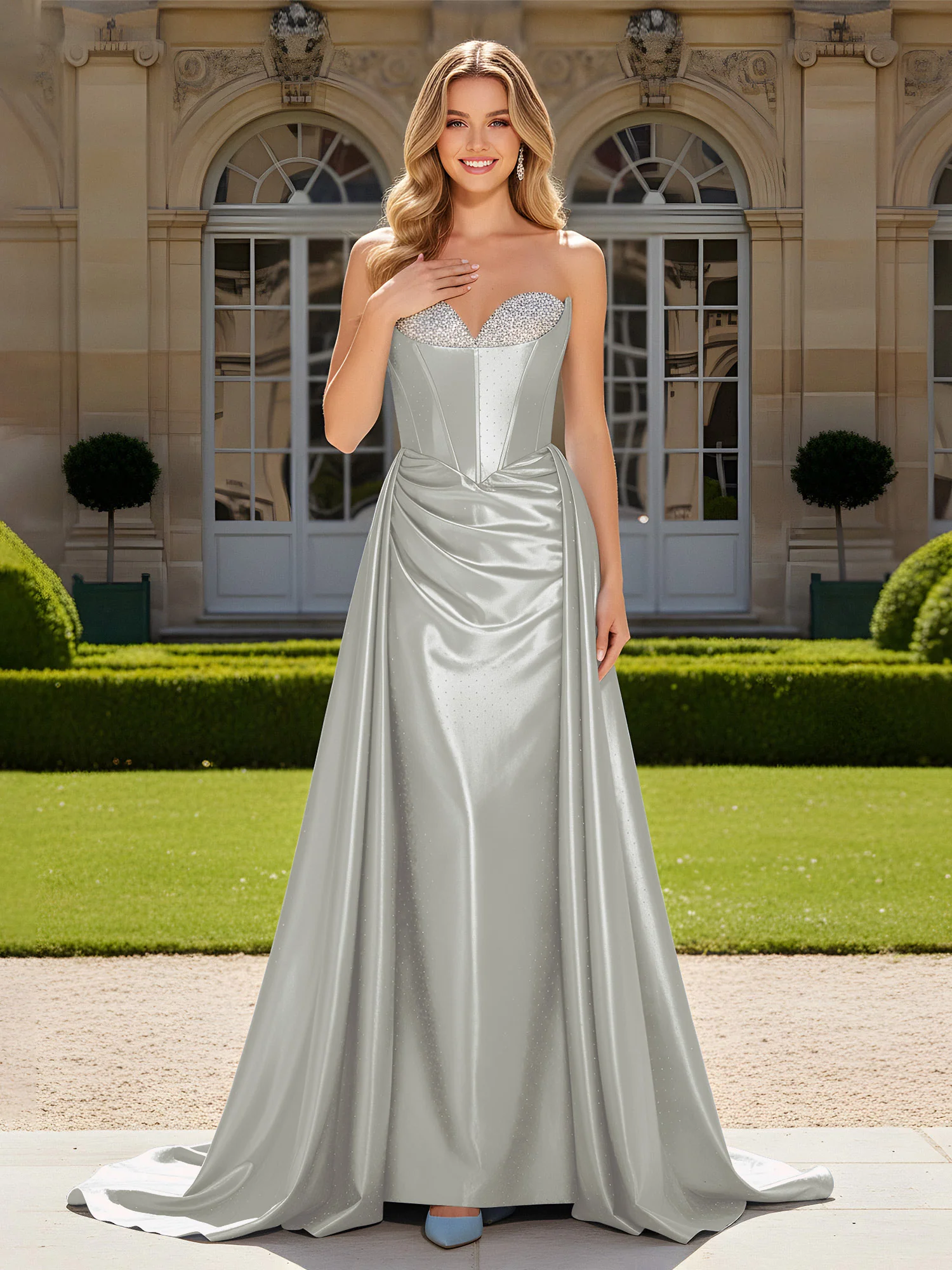 Sweetheart Pleated Lace-Up Gown With Sweep/Brush Train Silver